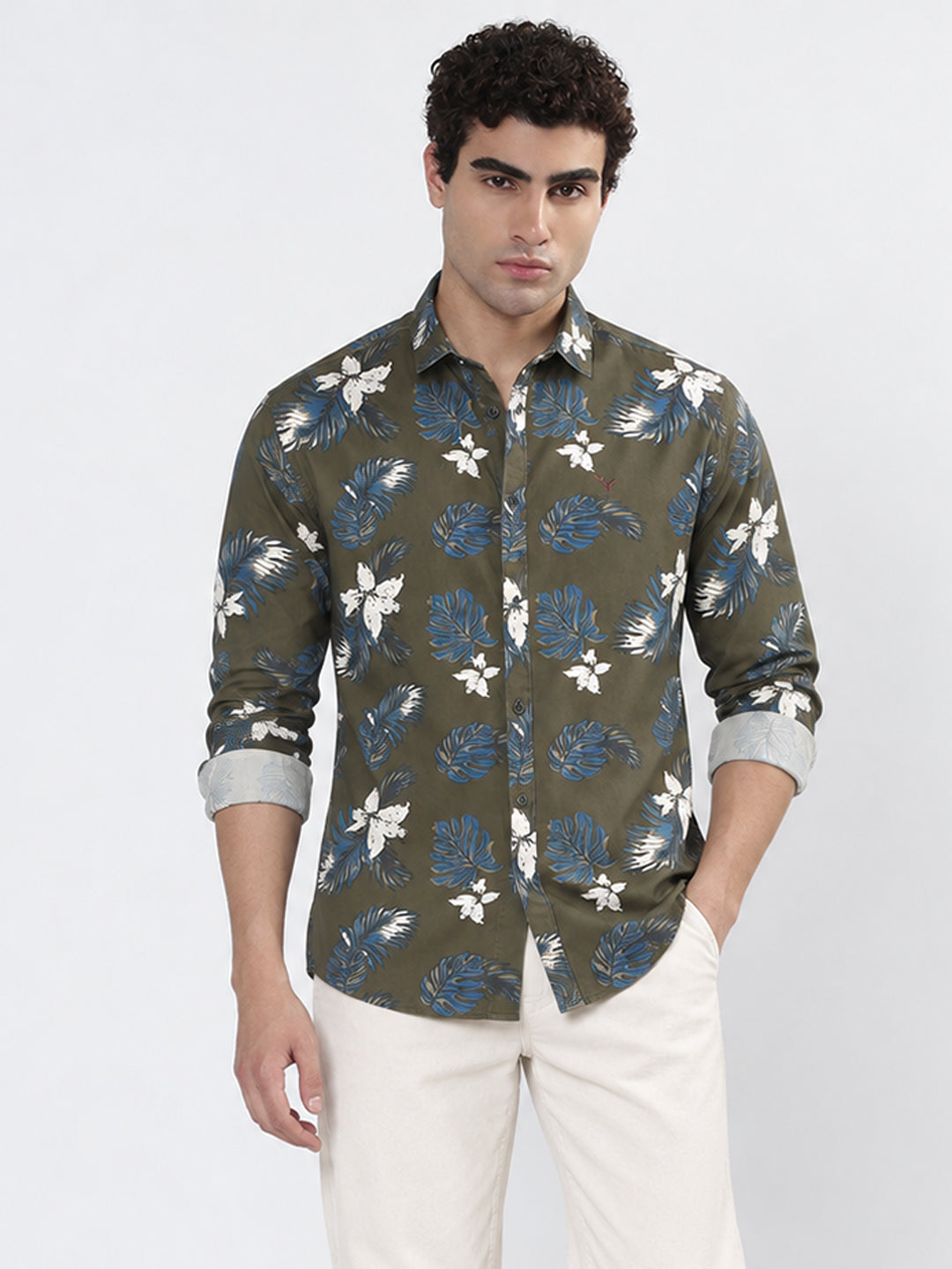 Men’s Floral Print Olive Slim Fit Long Sleeves Casual Shirt