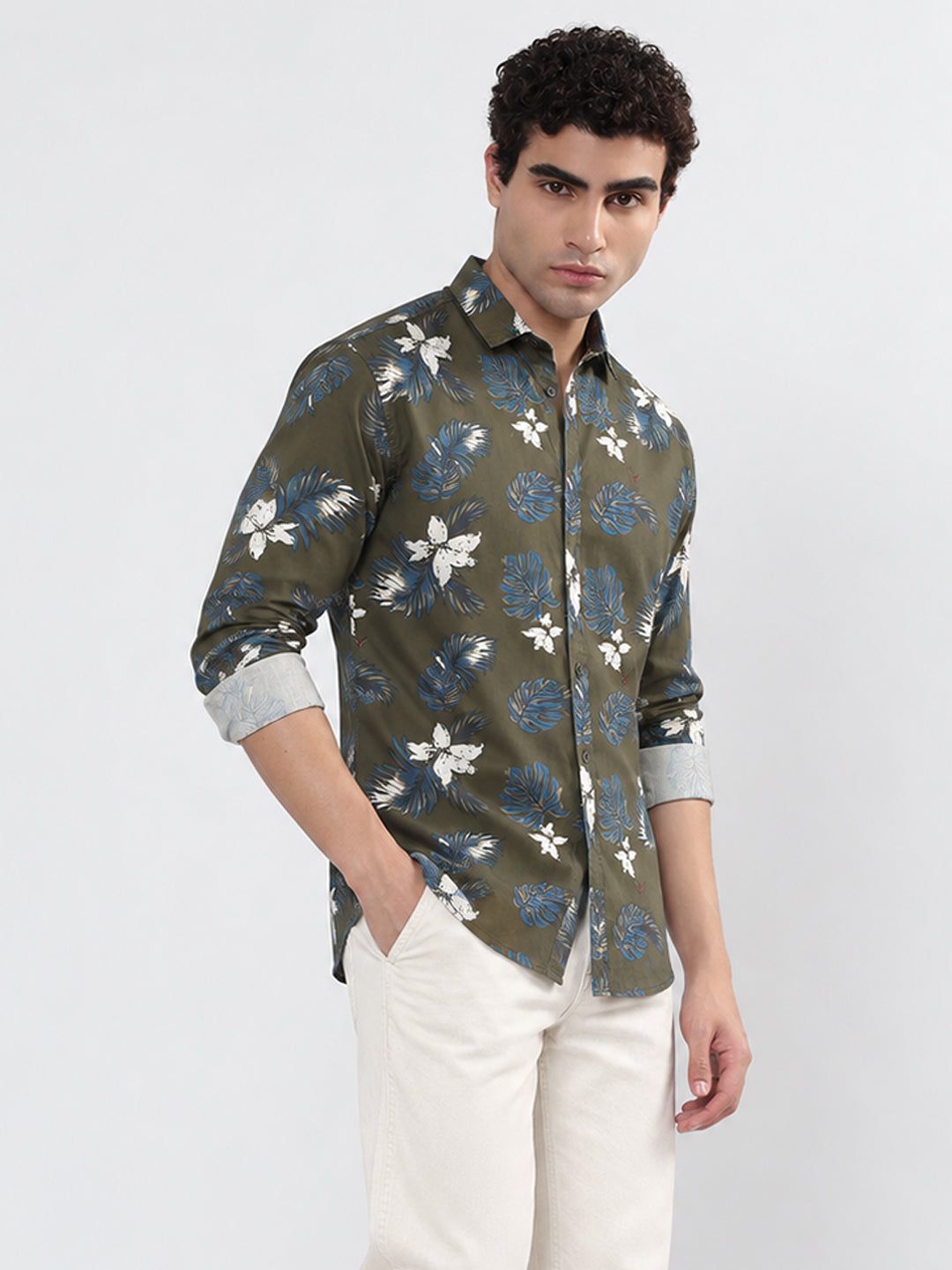 Men’s Floral Print Olive Slim Fit Long Sleeves Casual Shirt