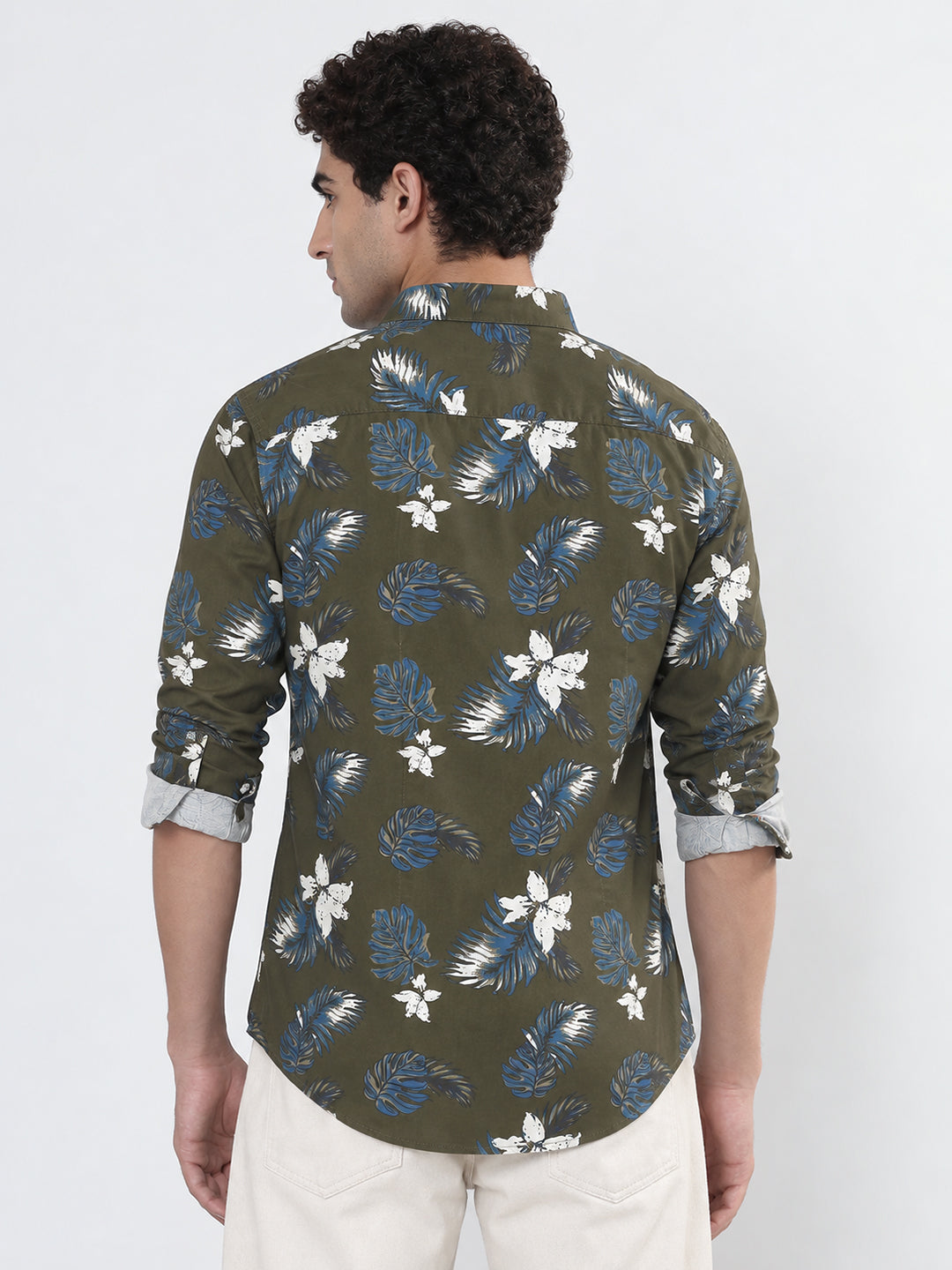 Men’s Floral Print Olive Slim Fit Long Sleeves Casual Shirt