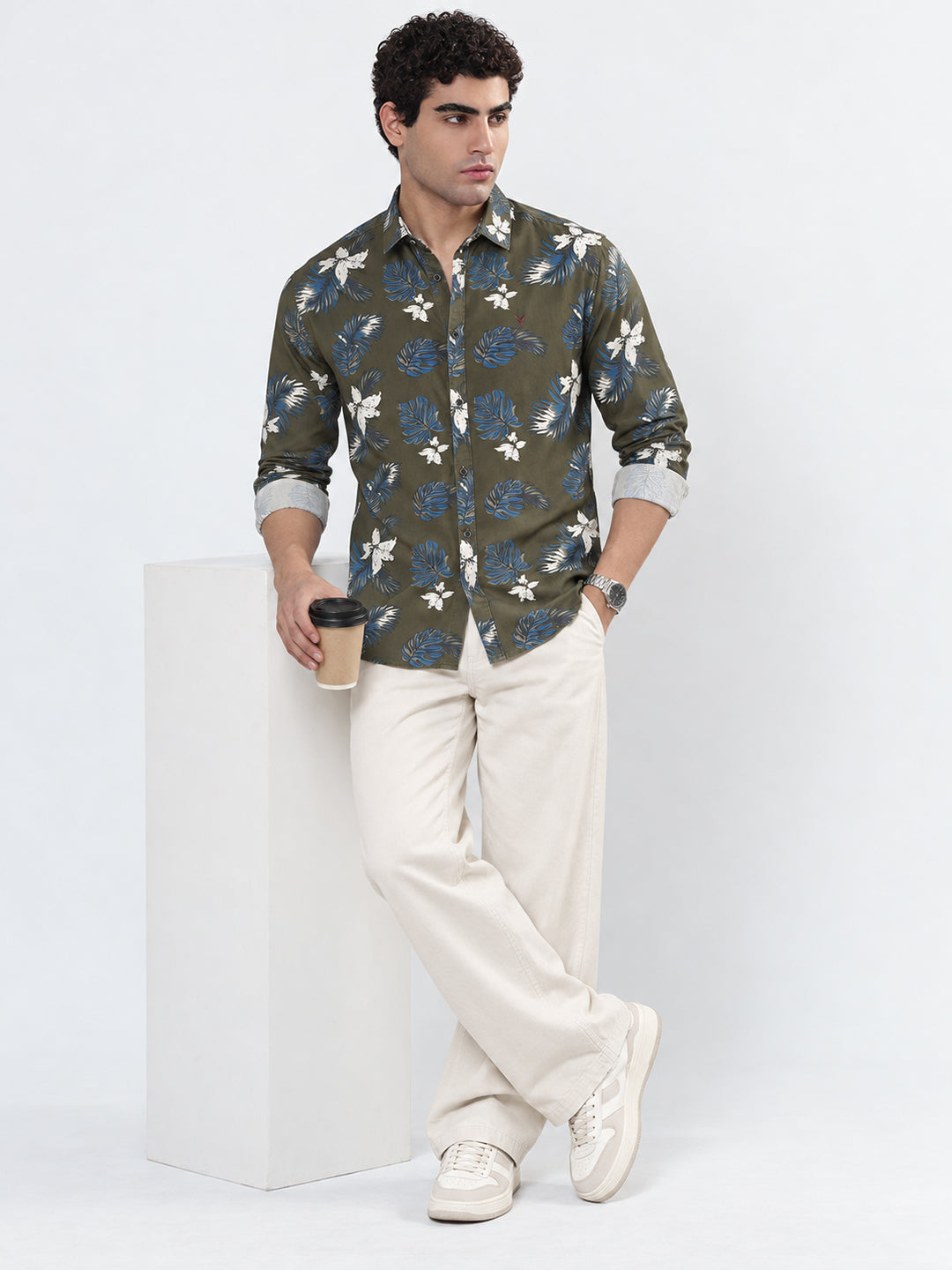 Men’s Floral Print Olive Slim Fit Long Sleeves Casual Shirt
