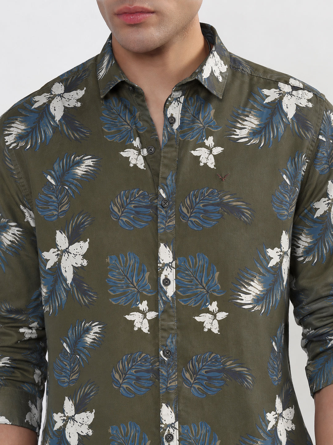 Men’s Floral Print Olive Slim Fit Long Sleeves Casual Shirt