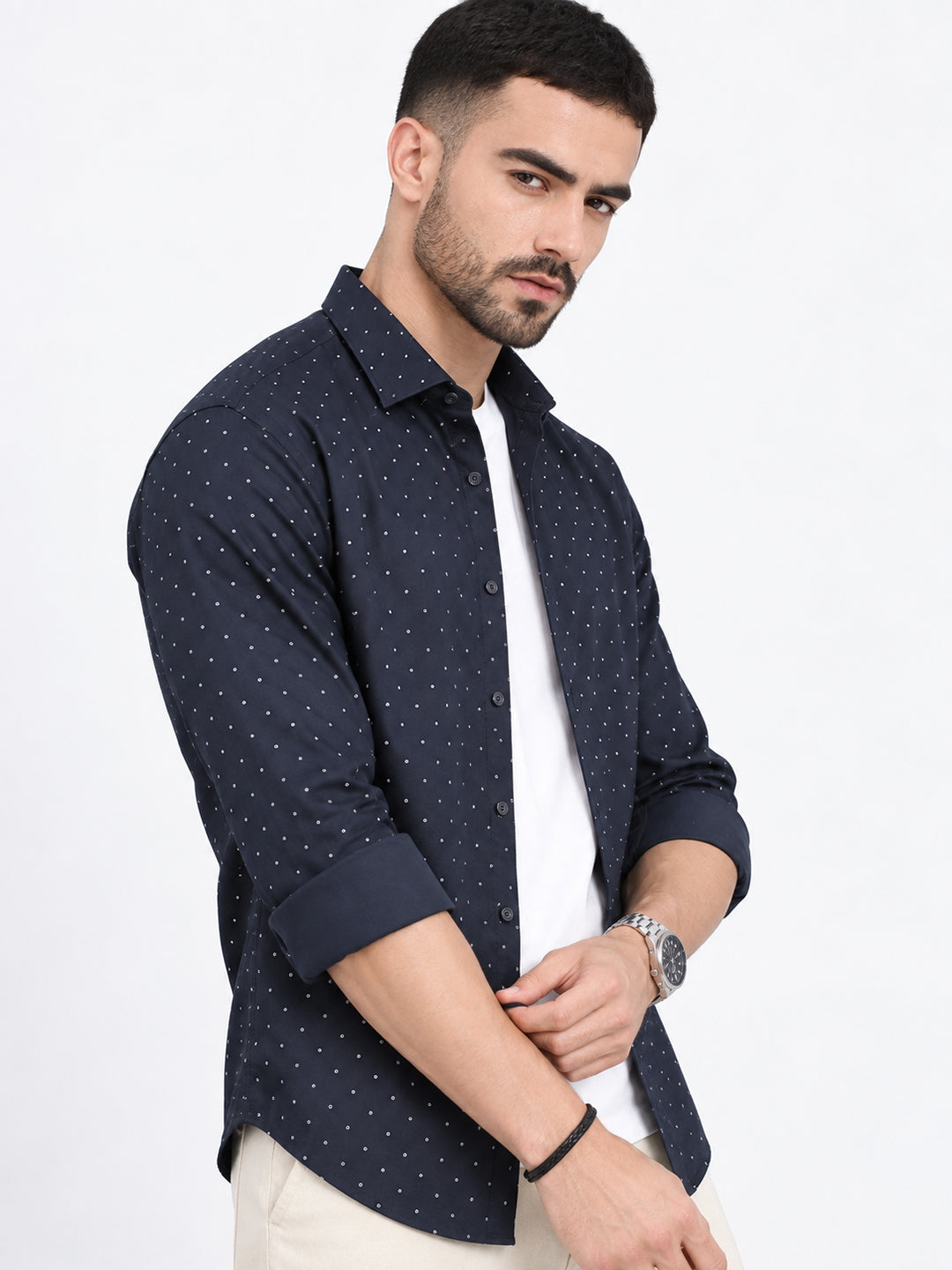 Men’s Polka Dot Printed Navy Blue Slim Fit Long Sleeves Shirt