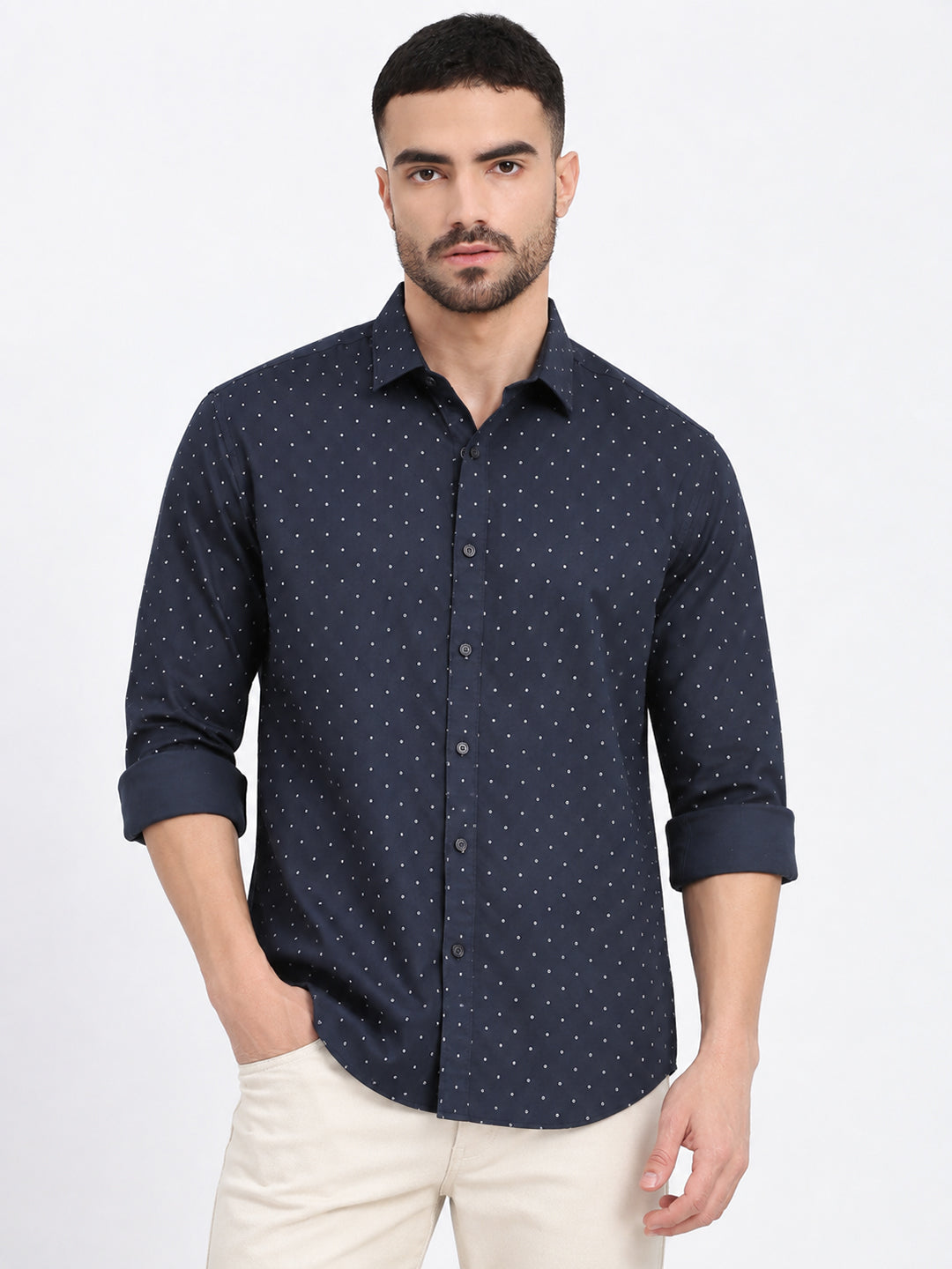 Men’s Polka Dot Printed Navy Blue Slim Fit Long Sleeves Shirt