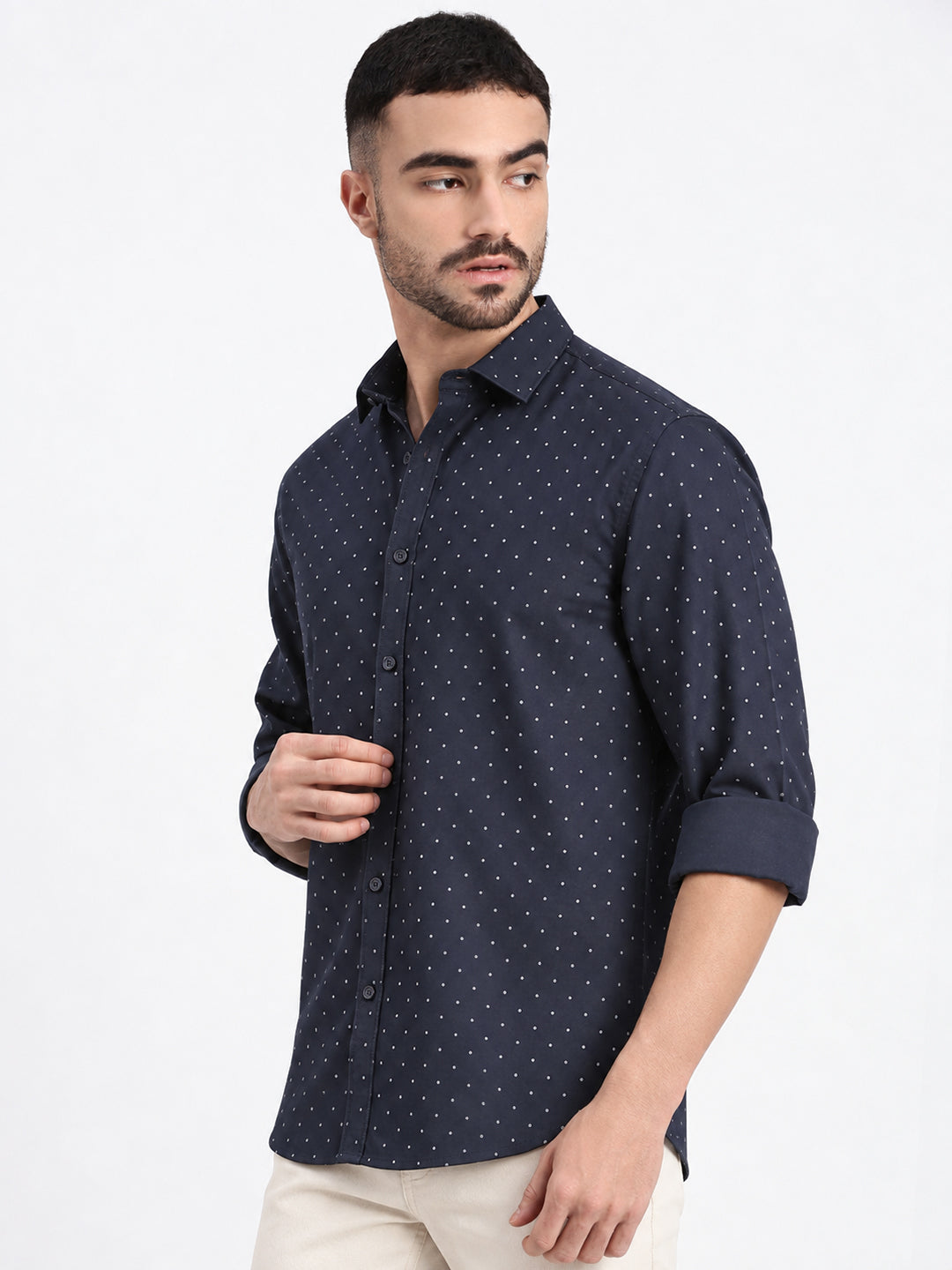 Men’s Polka Dot Printed Navy Blue Slim Fit Long Sleeves Shirt