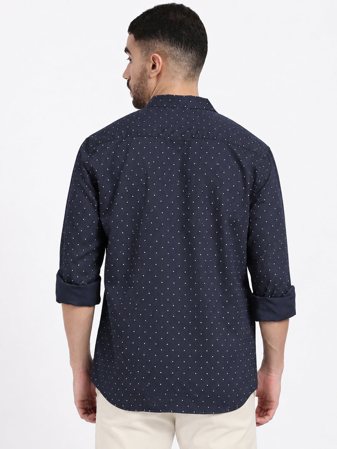 Men’s Polka Dot Printed Navy Blue Slim Fit Long Sleeves Shirt
