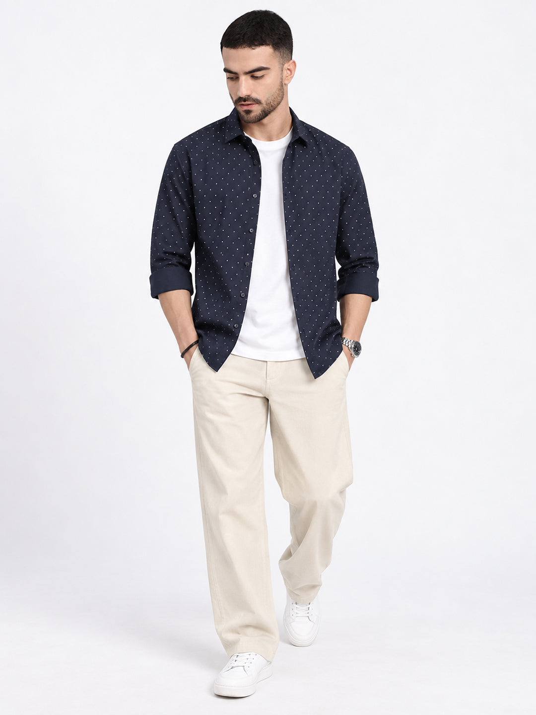 Men’s Polka Dot Printed Navy Blue Slim Fit Long Sleeves Shirt