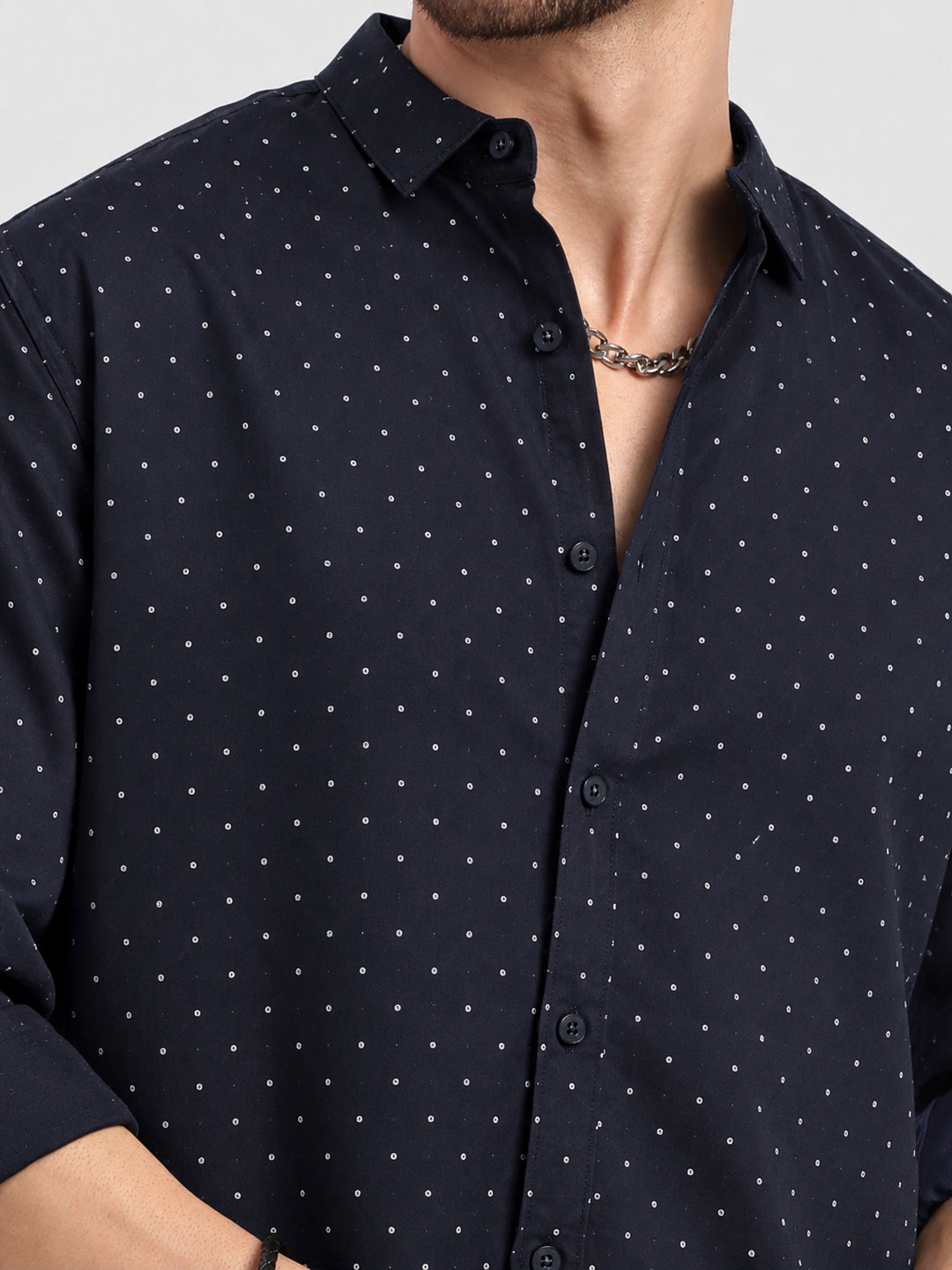 Men’s Polka Dot Printed Navy Blue Slim Fit Long Sleeves Shirt