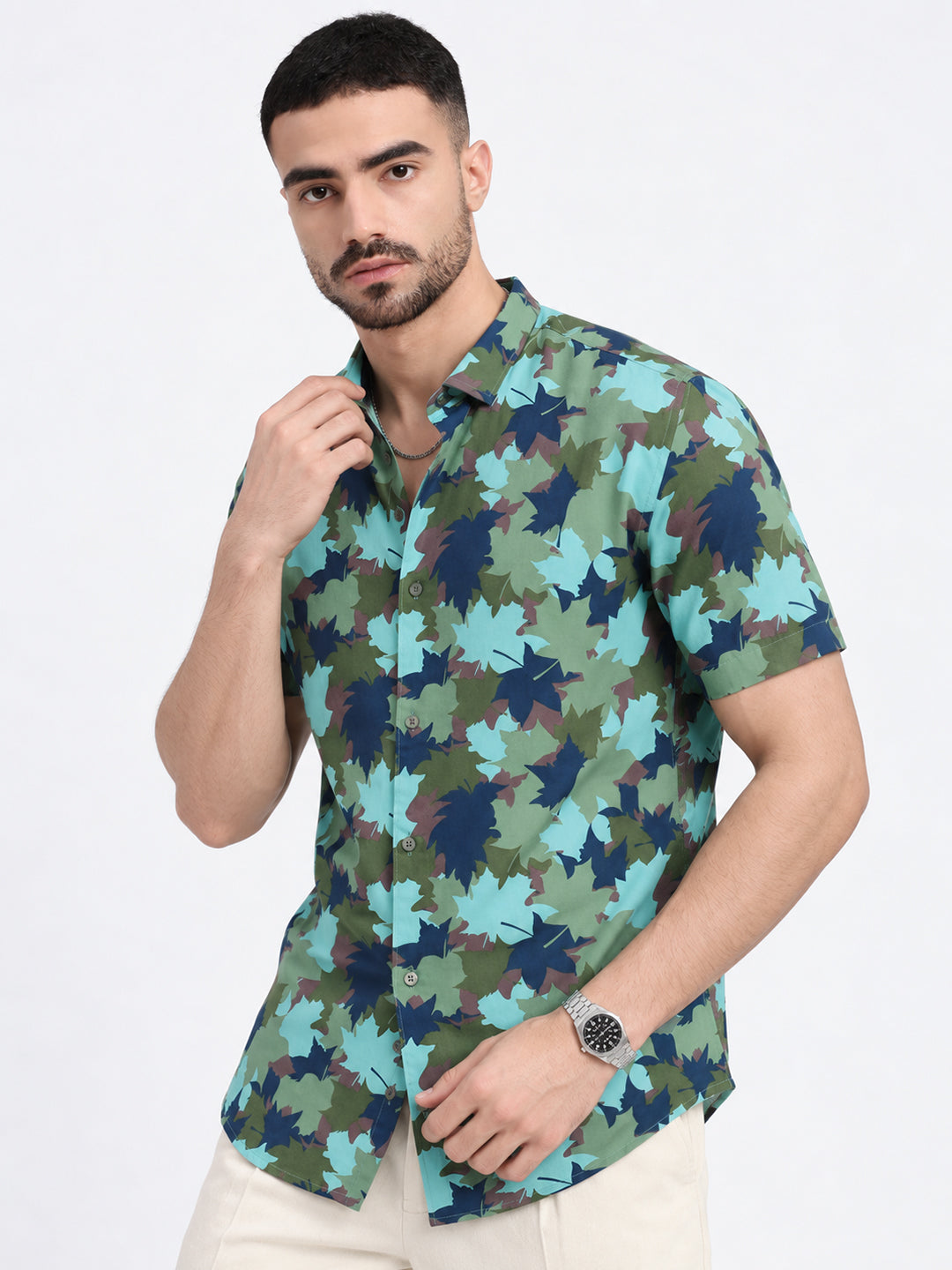 Men’s Printed Green Regular Fit Short Sleeves Casual Shirt