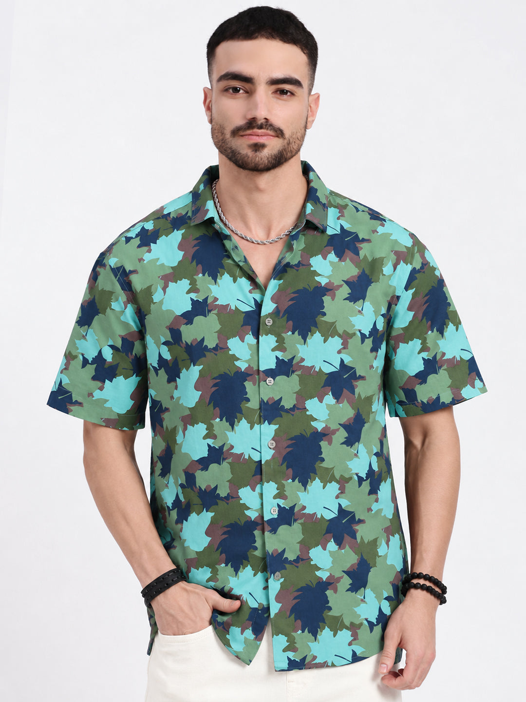 Men’s Printed Green Regular Fit Short Sleeves Casual Shirt