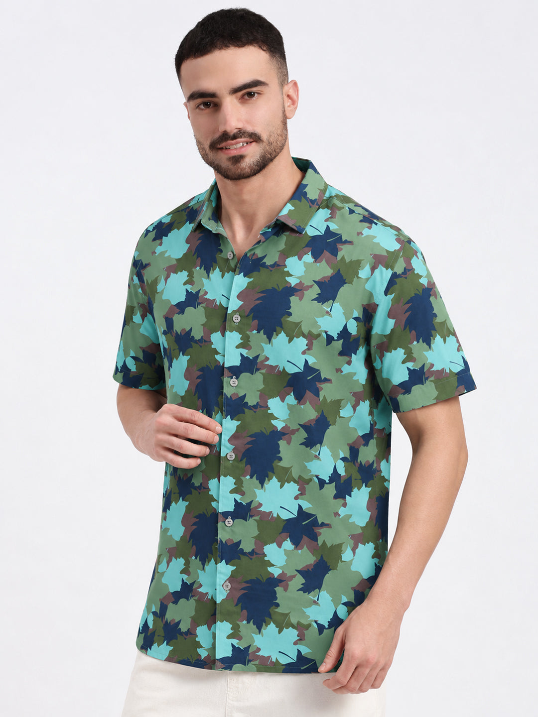 Men’s Printed Green Regular Fit Short Sleeves Casual Shirt