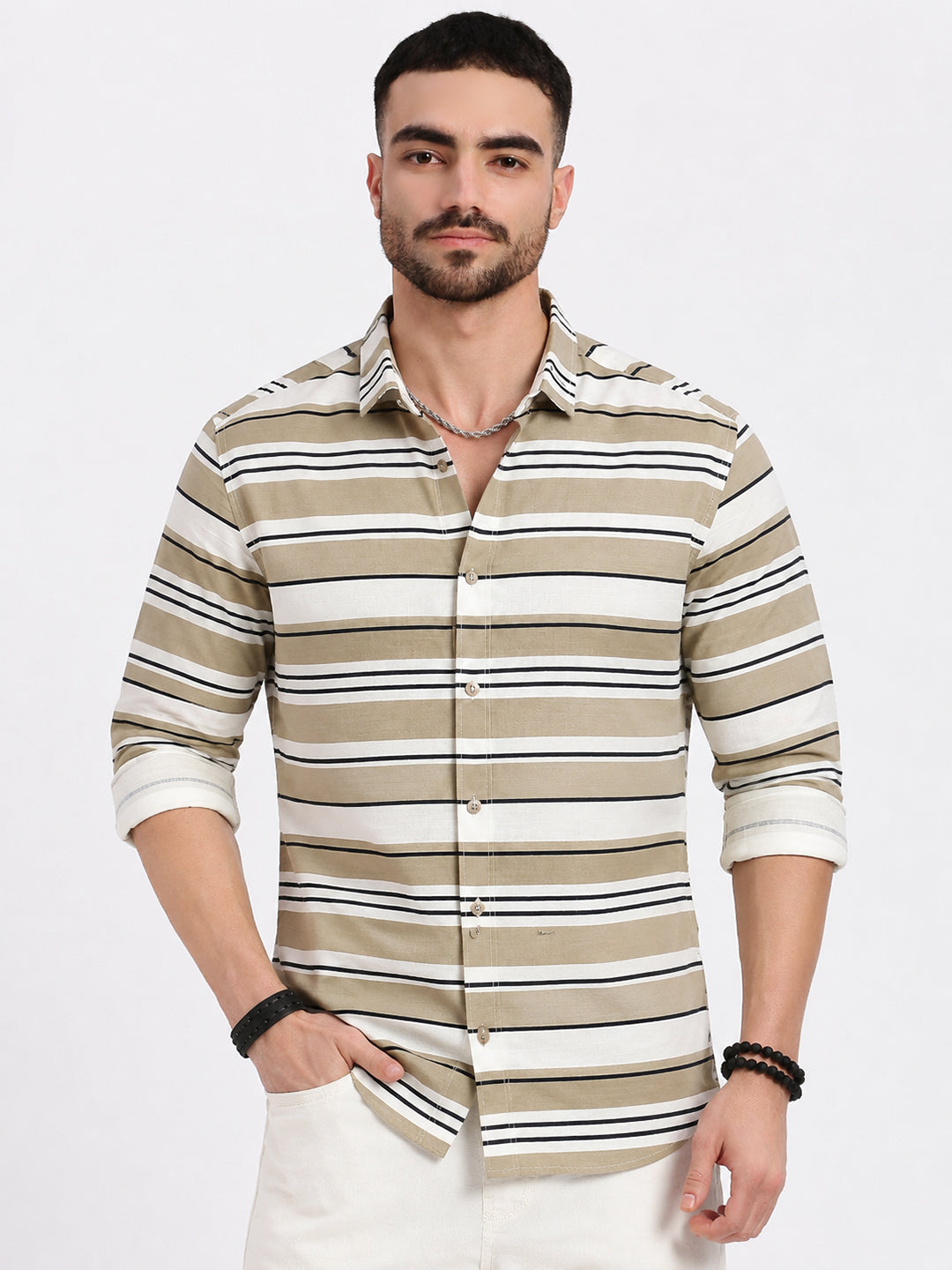 Men’s Horizontal Striped Beige Long Sleeves Spread Collar Shirt