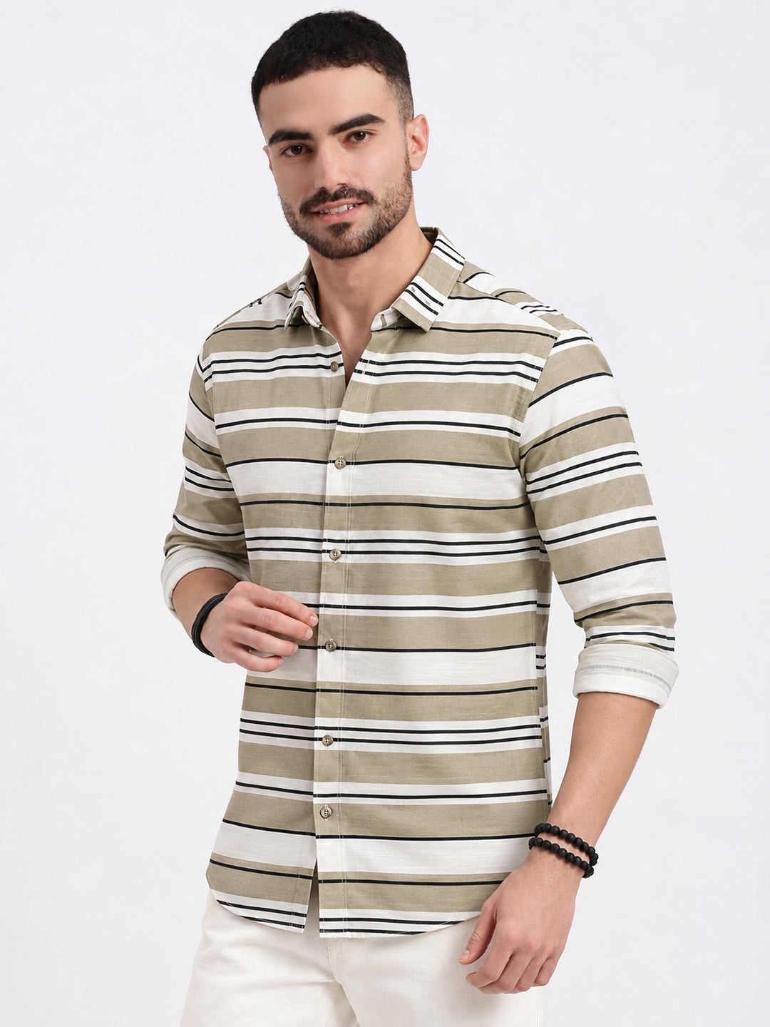 Men’s Horizontal Striped Beige Long Sleeves Spread Collar Shirt