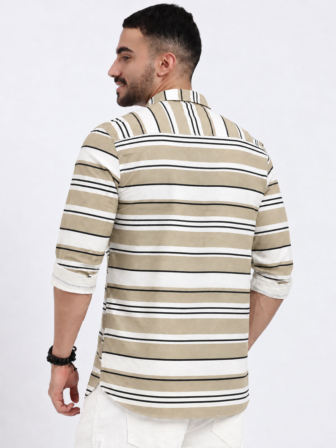 Men’s Horizontal Striped Beige Long Sleeves Spread Collar Shirt