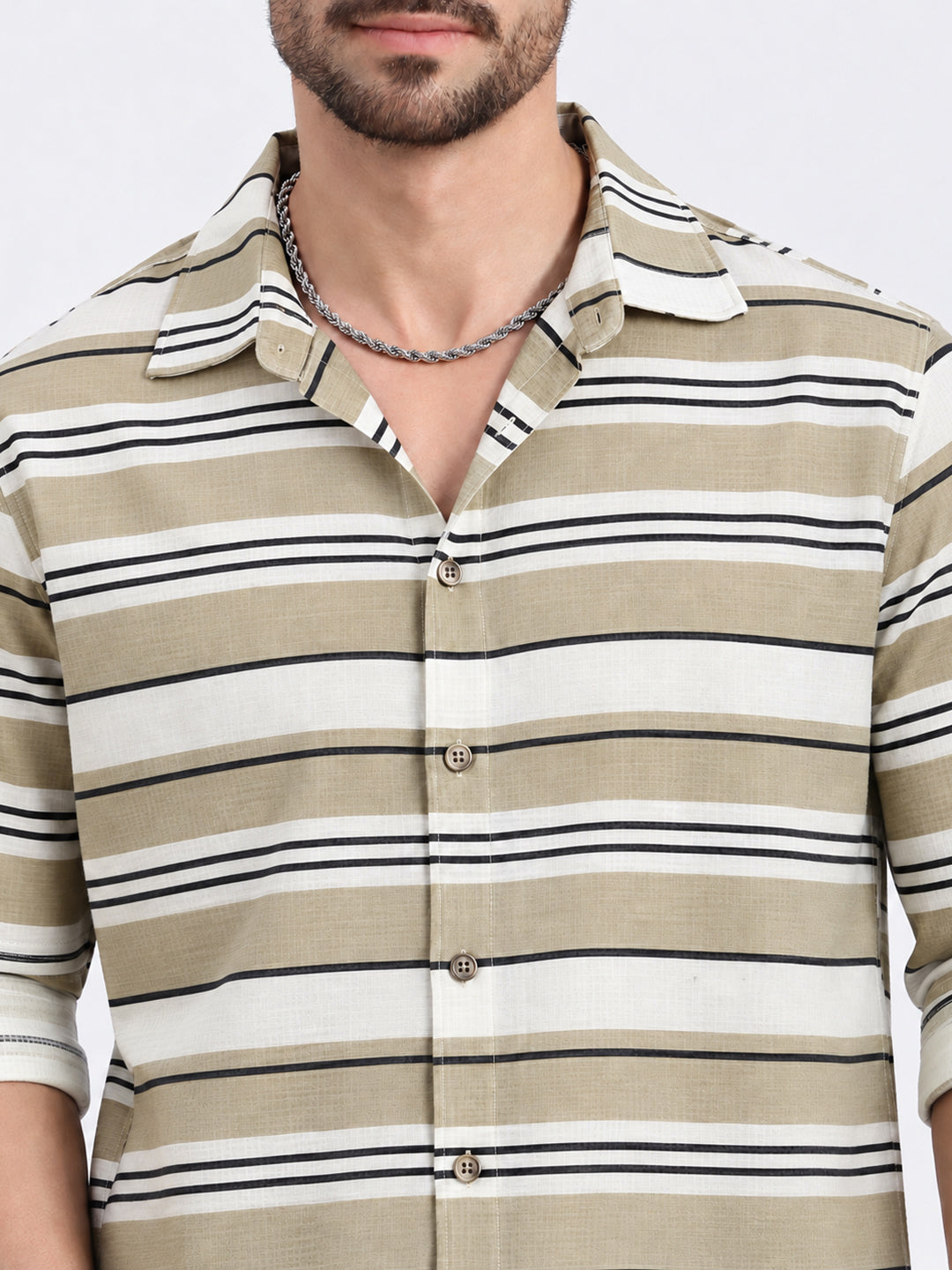 Men’s Horizontal Striped Beige Long Sleeves Spread Collar Shirt