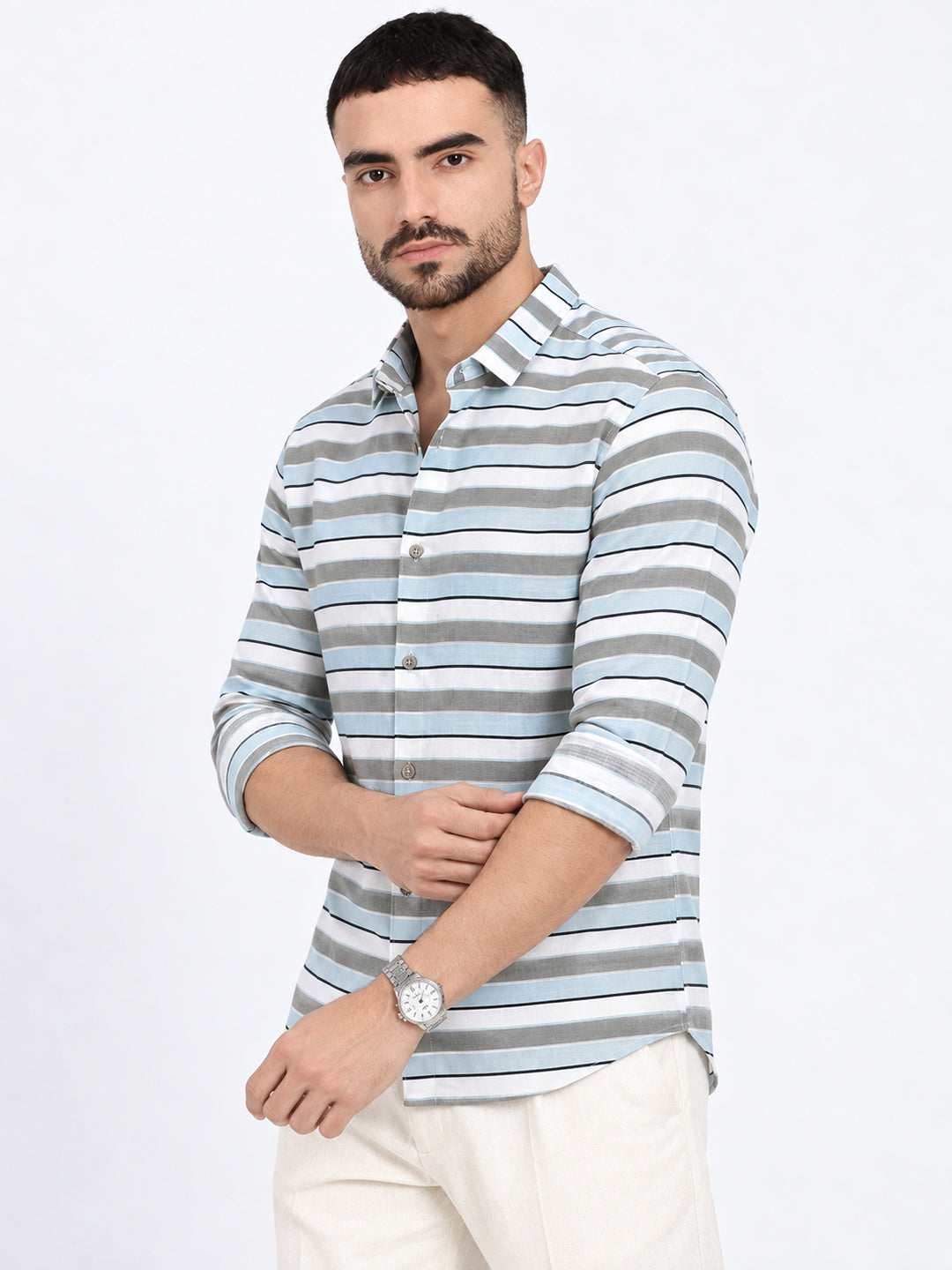 Men’s Horizontal Striped Grey Long Sleeves Spread Collar Shirt