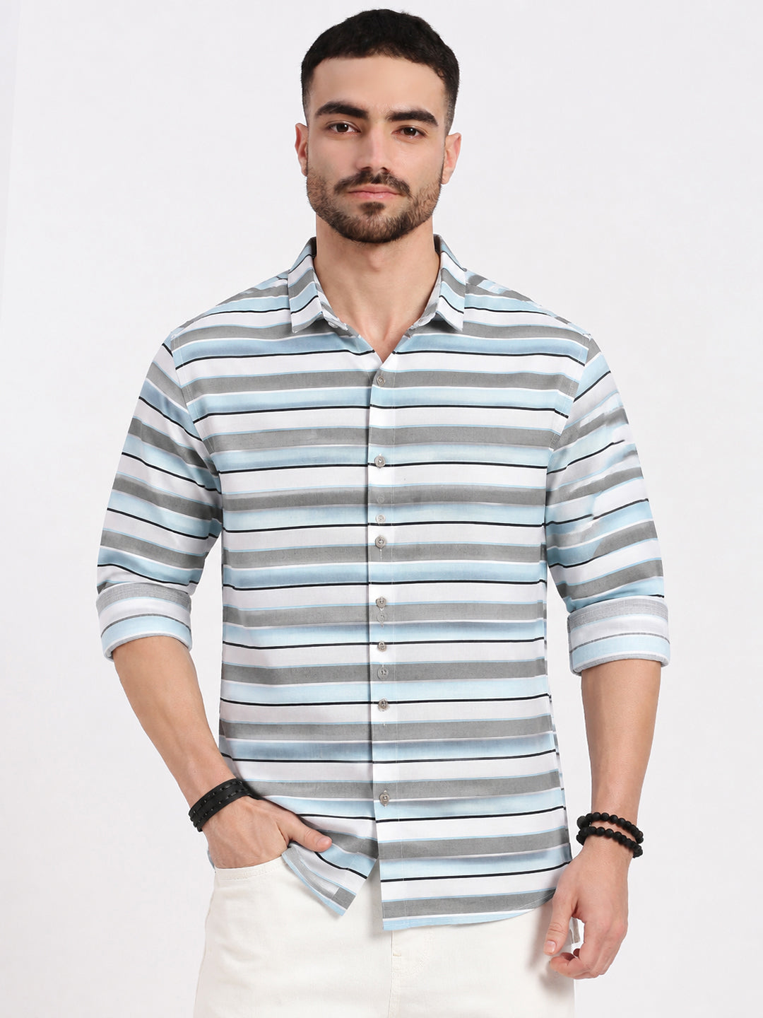Men’s Horizontal Striped Grey Long Sleeves Spread Collar Shirt