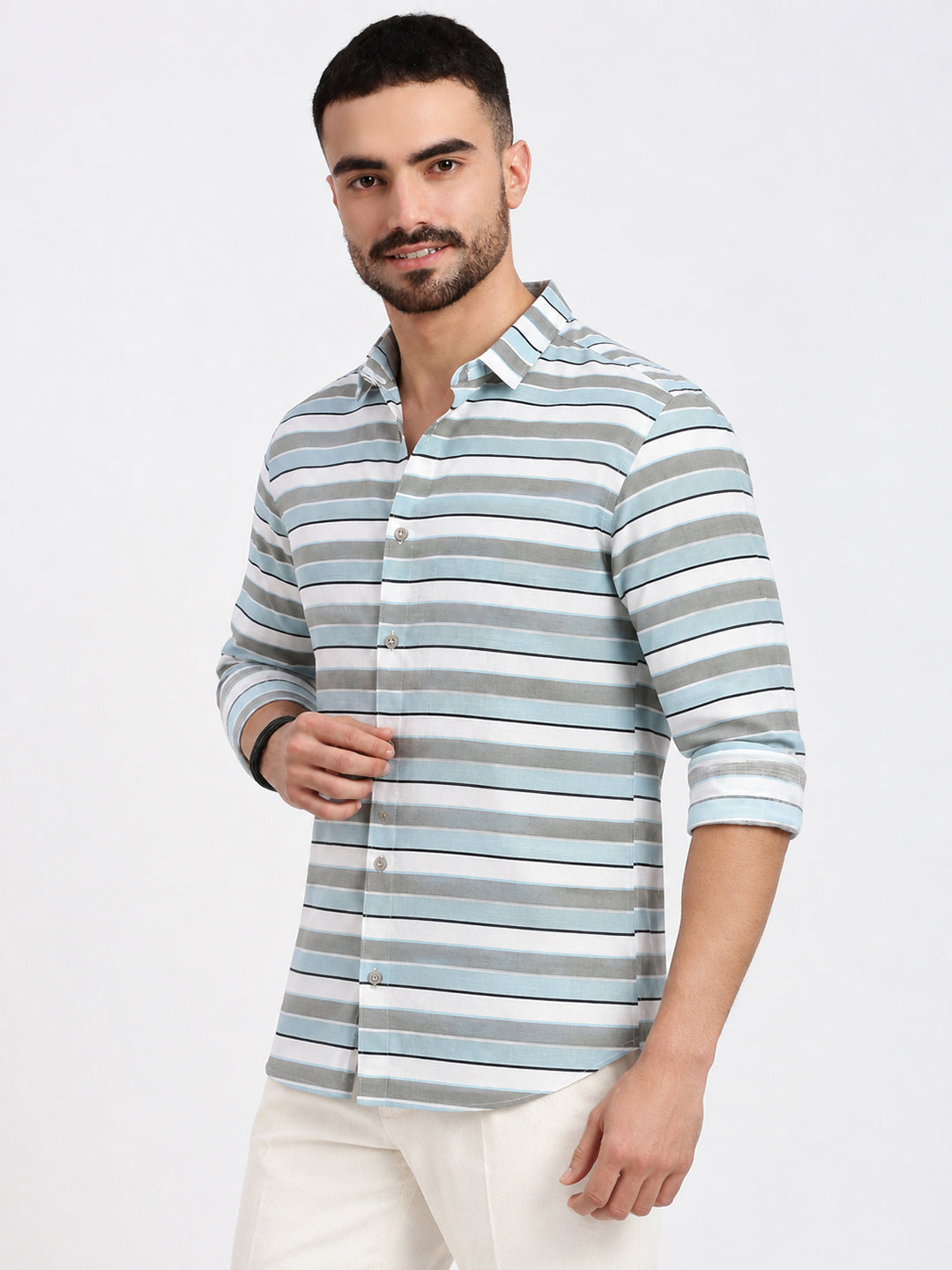 Men’s Horizontal Striped Grey Long Sleeves Spread Collar Shirt