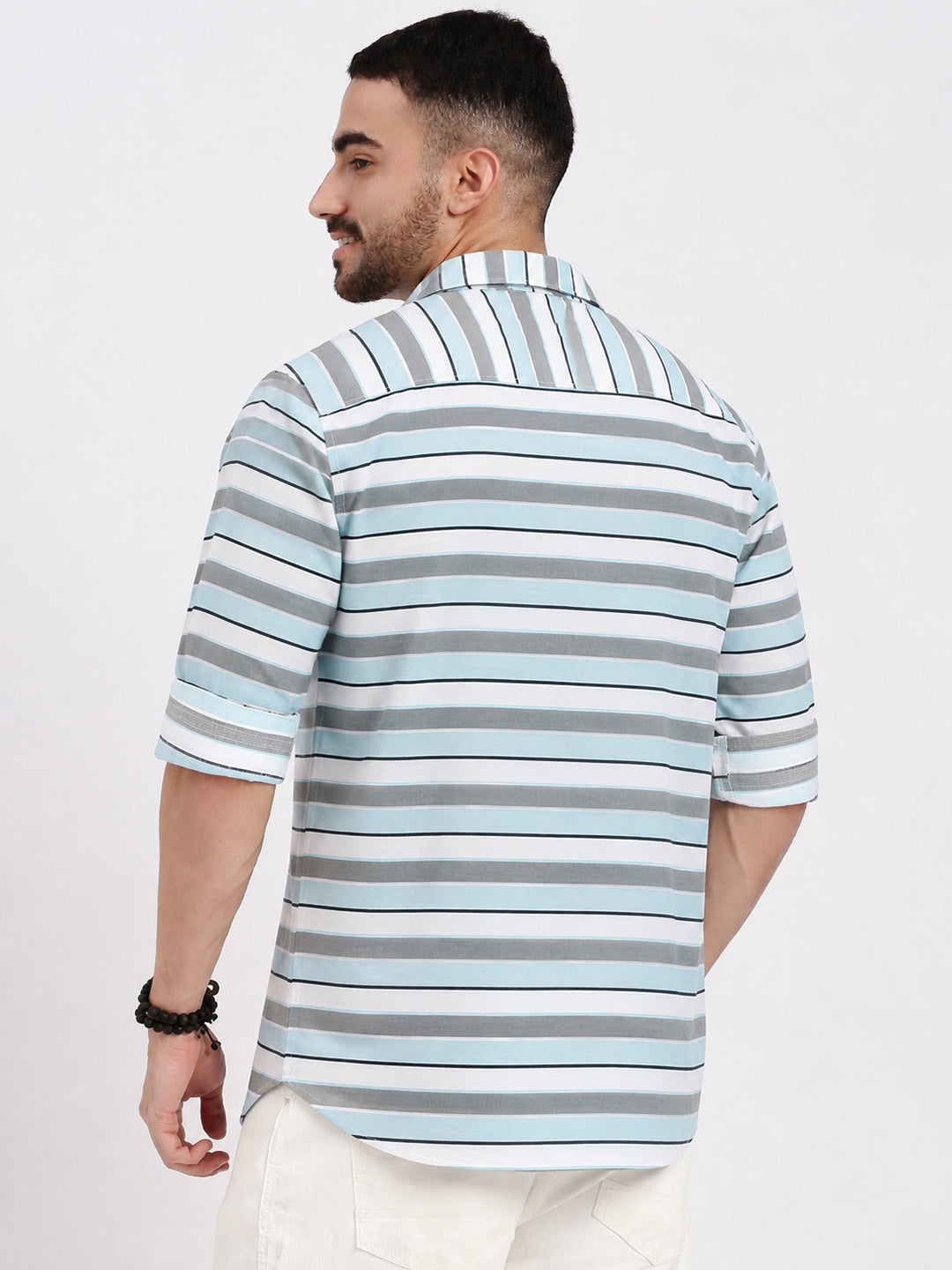 Men’s Horizontal Striped Grey Long Sleeves Spread Collar Shirt