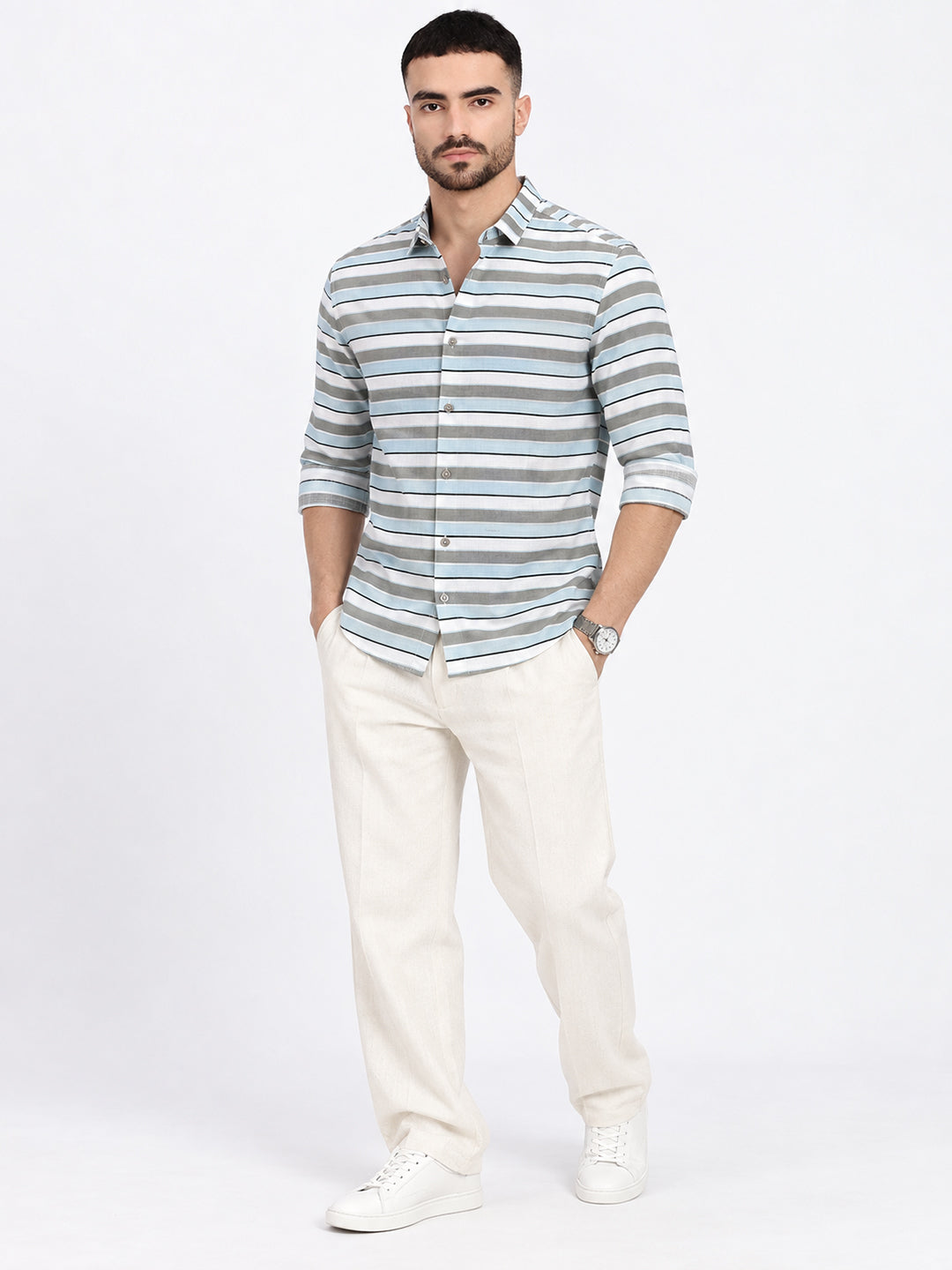 Men’s Horizontal Striped Grey Long Sleeves Spread Collar Shirt