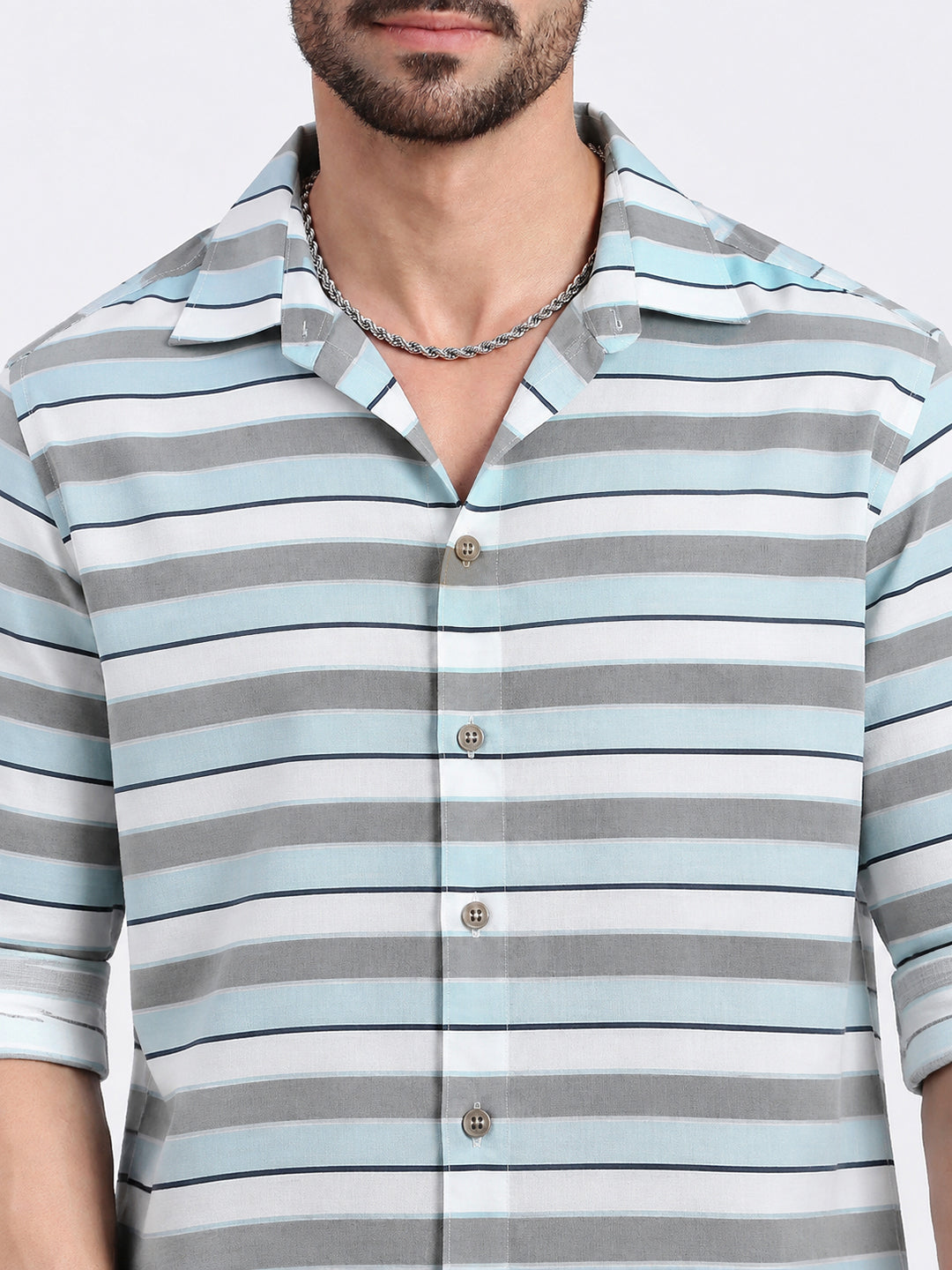 Men’s Horizontal Striped Grey Long Sleeves Spread Collar Shirt