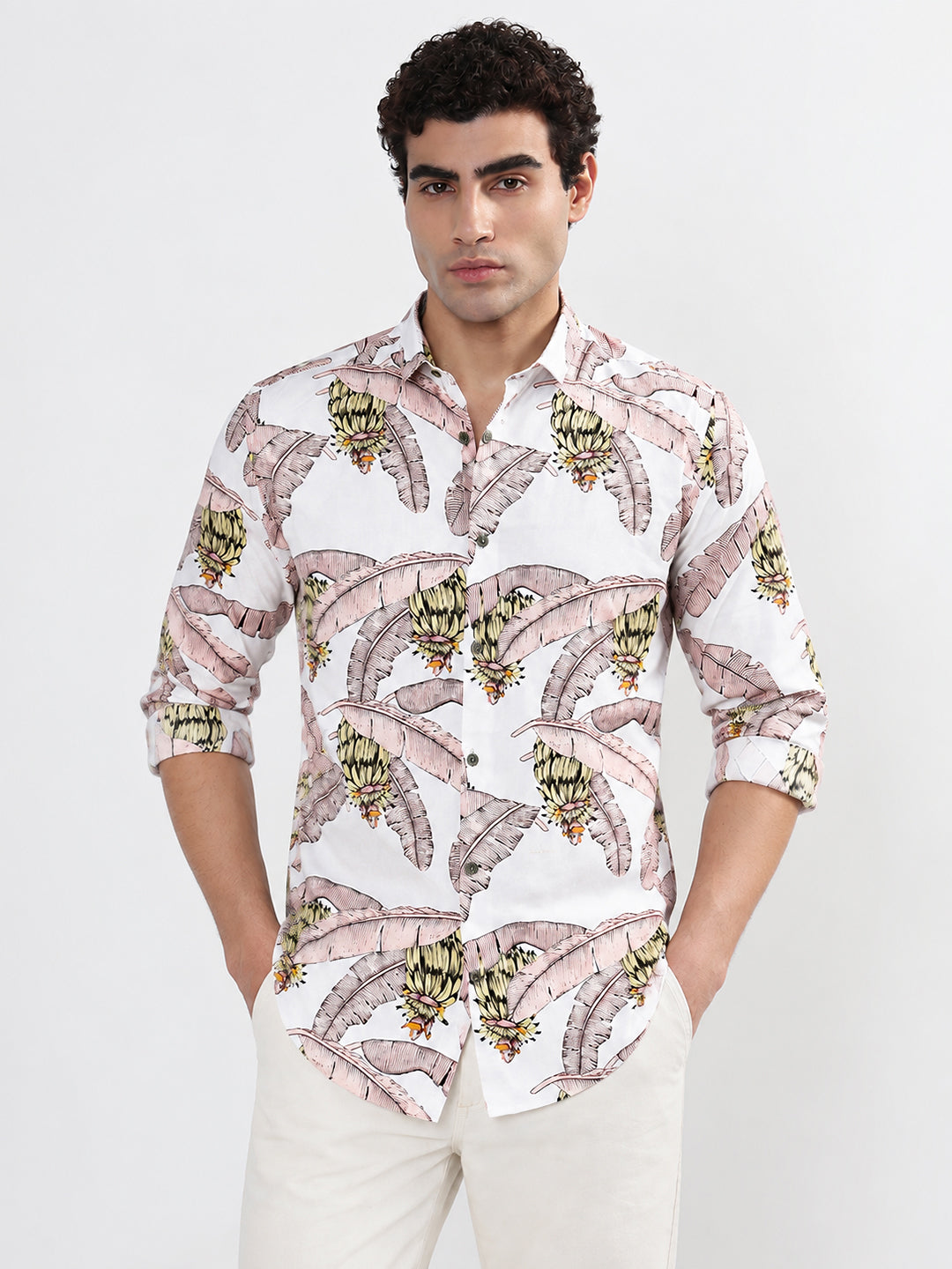 Men’s Tropical Printed White Long Sleeves Spread Collar Shirt