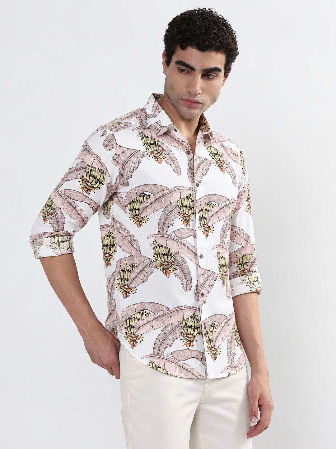 Men’s Tropical Printed White Long Sleeves Spread Collar Shirt