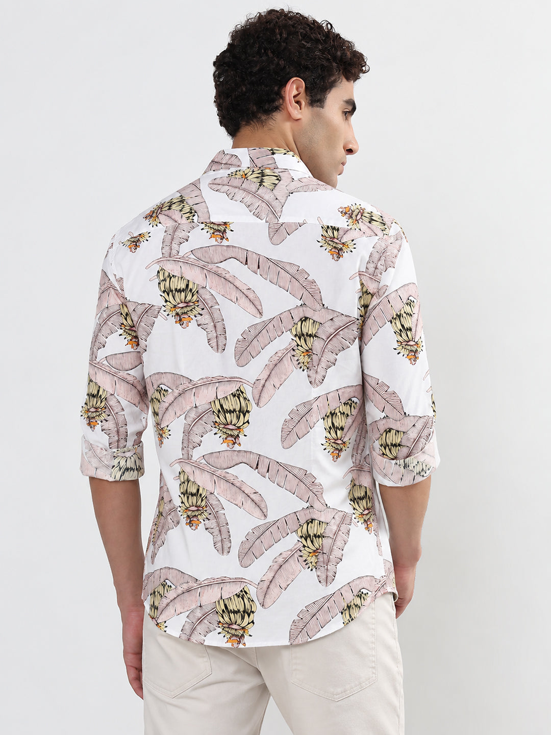 Men’s Tropical Printed White Long Sleeves Spread Collar Shirt