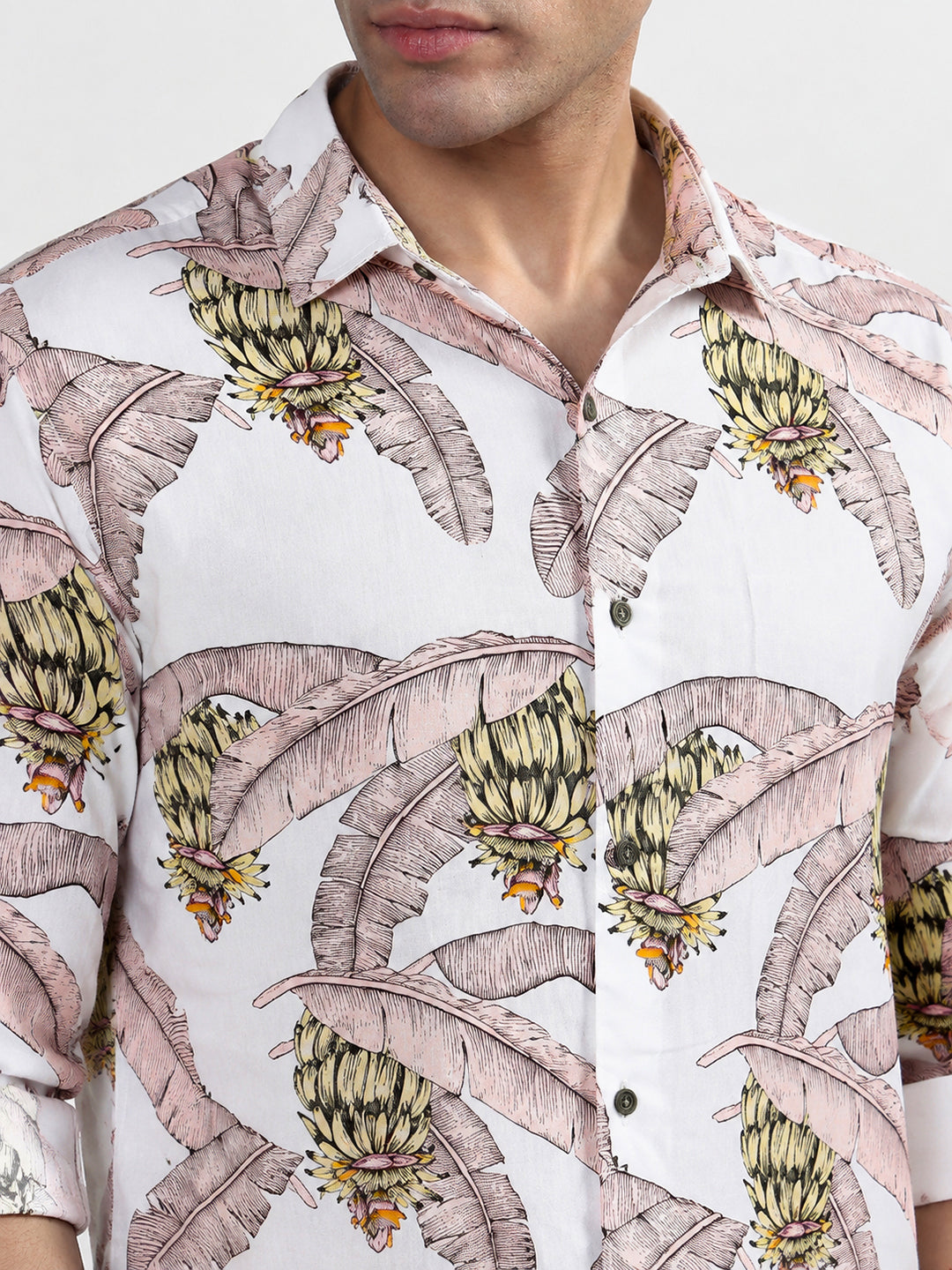 Men’s Tropical Printed White Long Sleeves Spread Collar Shirt
