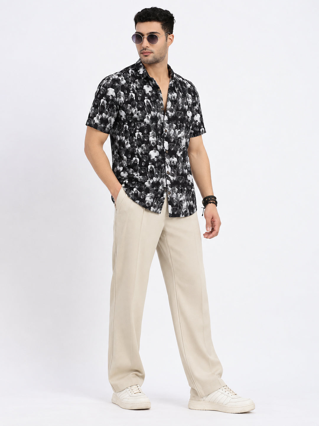 Men’s Printed Black Slim Fit Short Sleeves Shirt