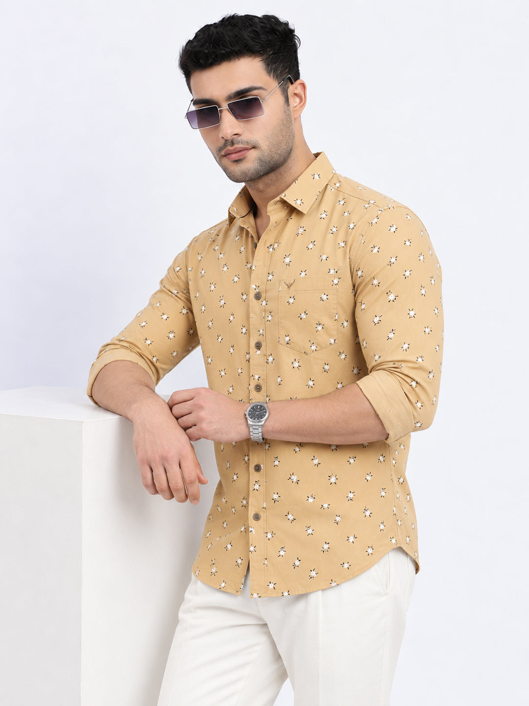 Men’s Floral Printed Beige Slim Fit Long Sleeves Shirt with Chest Pocket