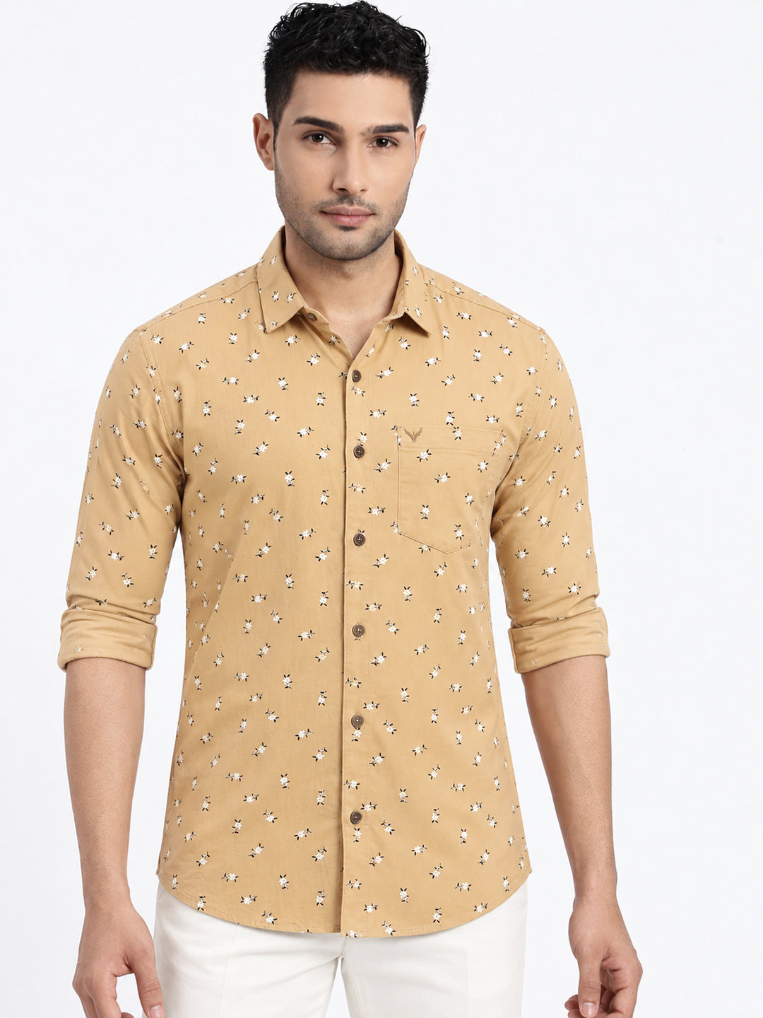 Men’s Floral Printed Beige Slim Fit Long Sleeves Shirt with Chest Pocket