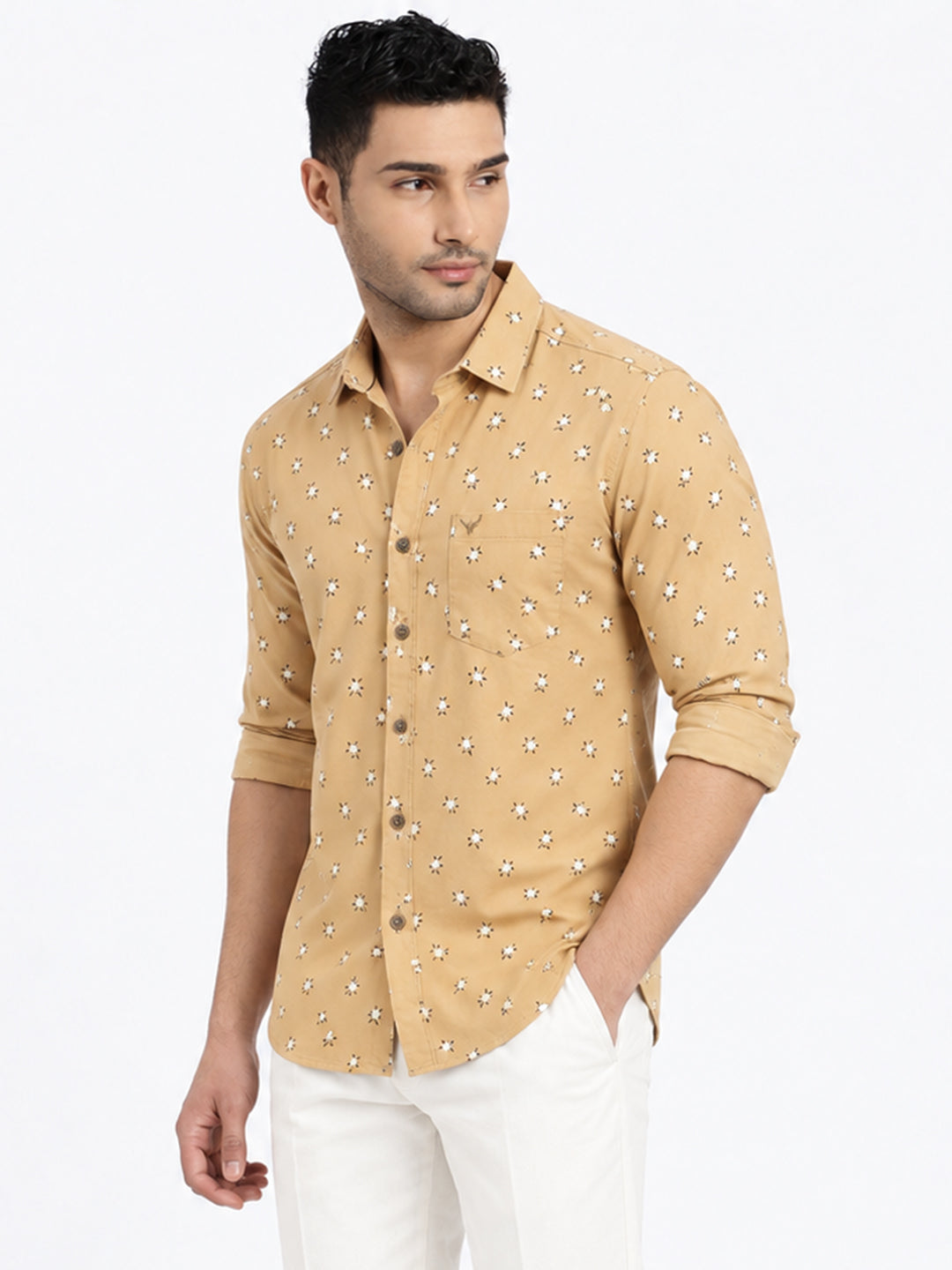 Men’s Floral Printed Beige Slim Fit Long Sleeves Shirt with Chest Pocket