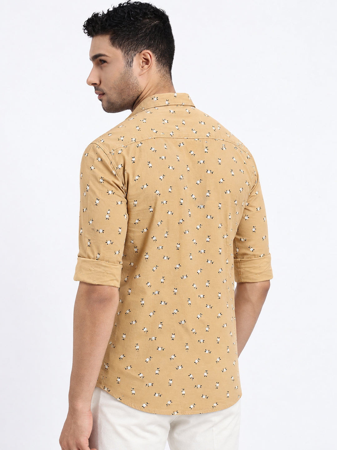 Men’s Floral Printed Beige Slim Fit Long Sleeves Shirt with Chest Pocket