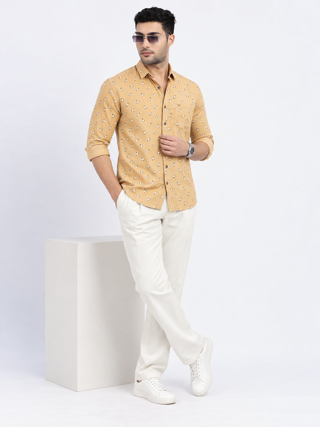 Men’s Floral Printed Beige Slim Fit Long Sleeves Shirt with Chest Pocket