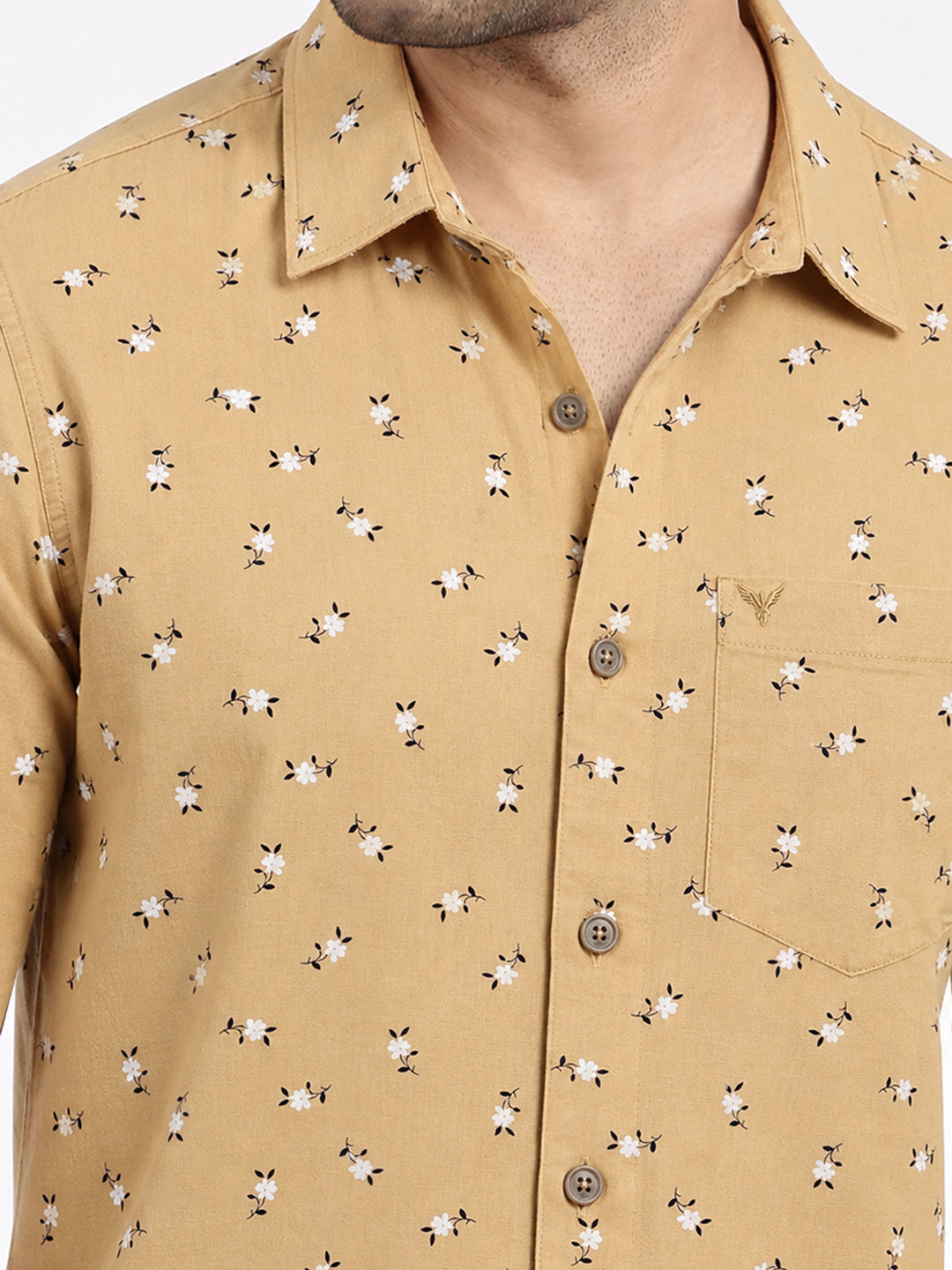 Men’s Floral Printed Beige Slim Fit Long Sleeves Shirt with Chest Pocket