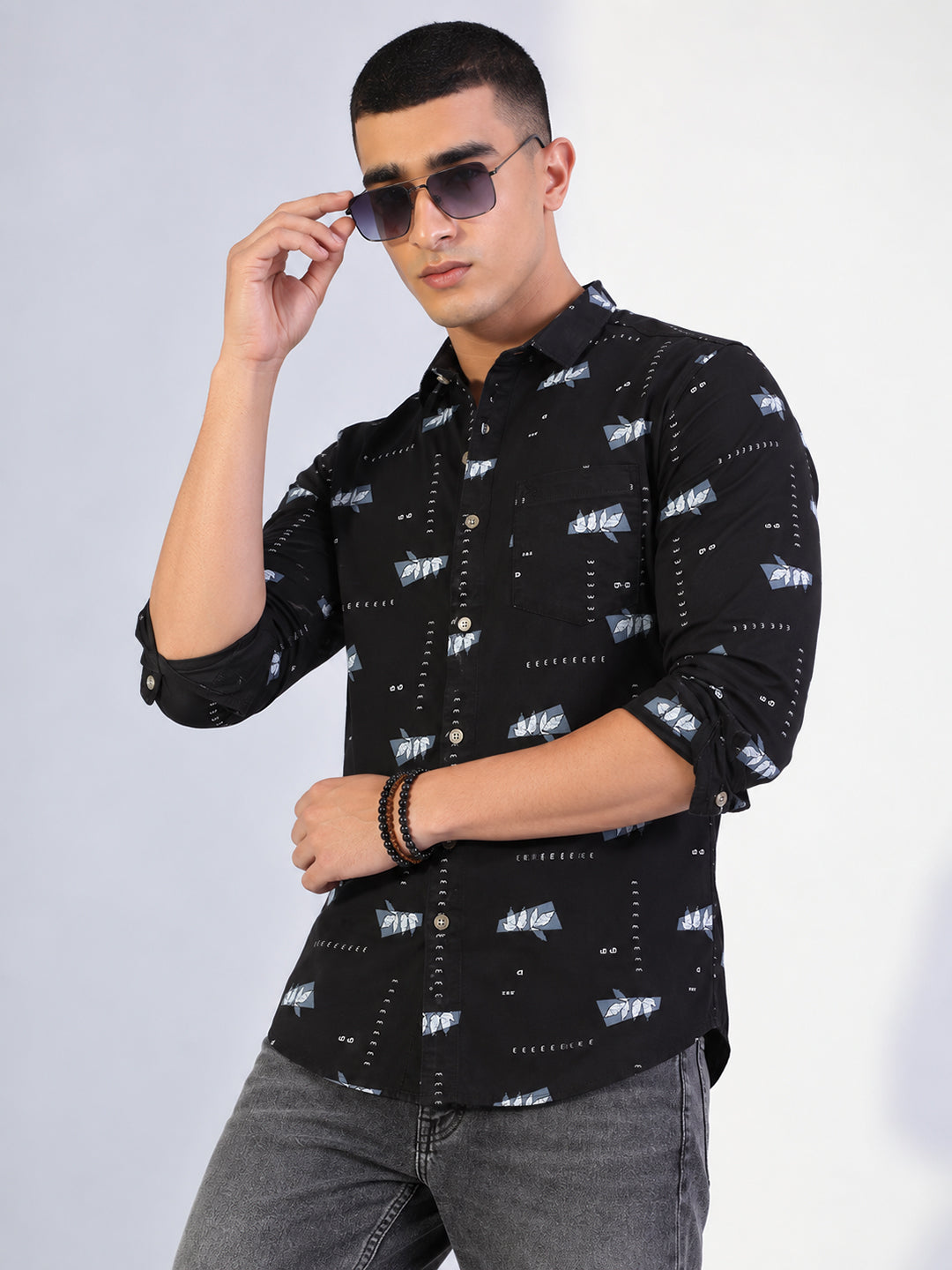 Men’s Printed Black Slim Fit Long Sleeves Shirt with Chest Pocket
