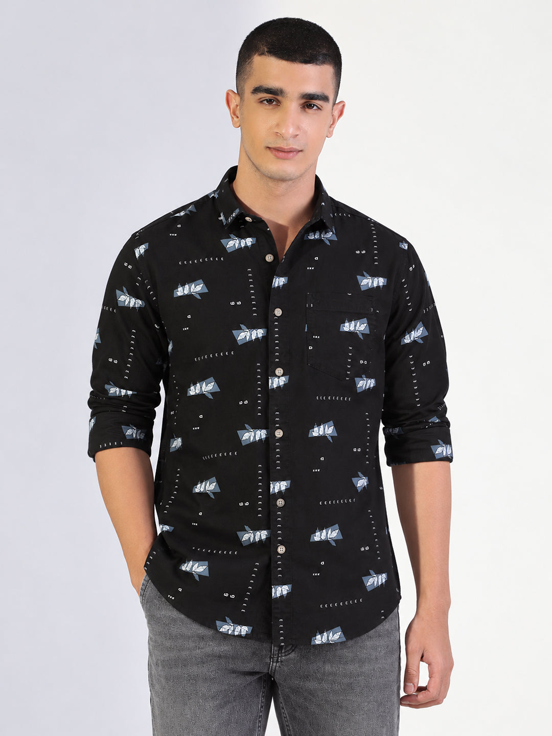 Men’s Printed Black Slim Fit Long Sleeves Shirt with Chest Pocket