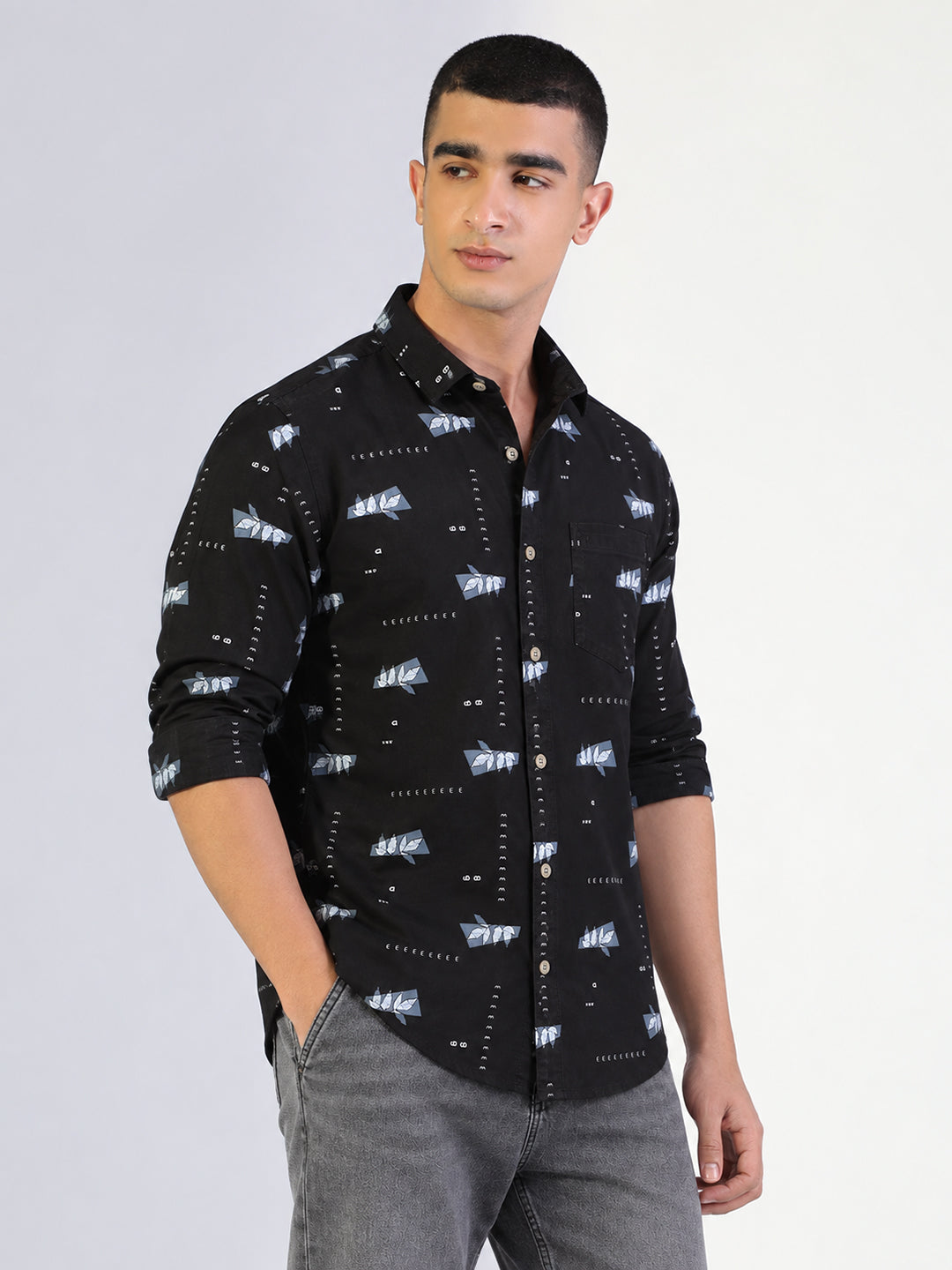 Men’s Printed Black Slim Fit Long Sleeves Shirt with Chest Pocket