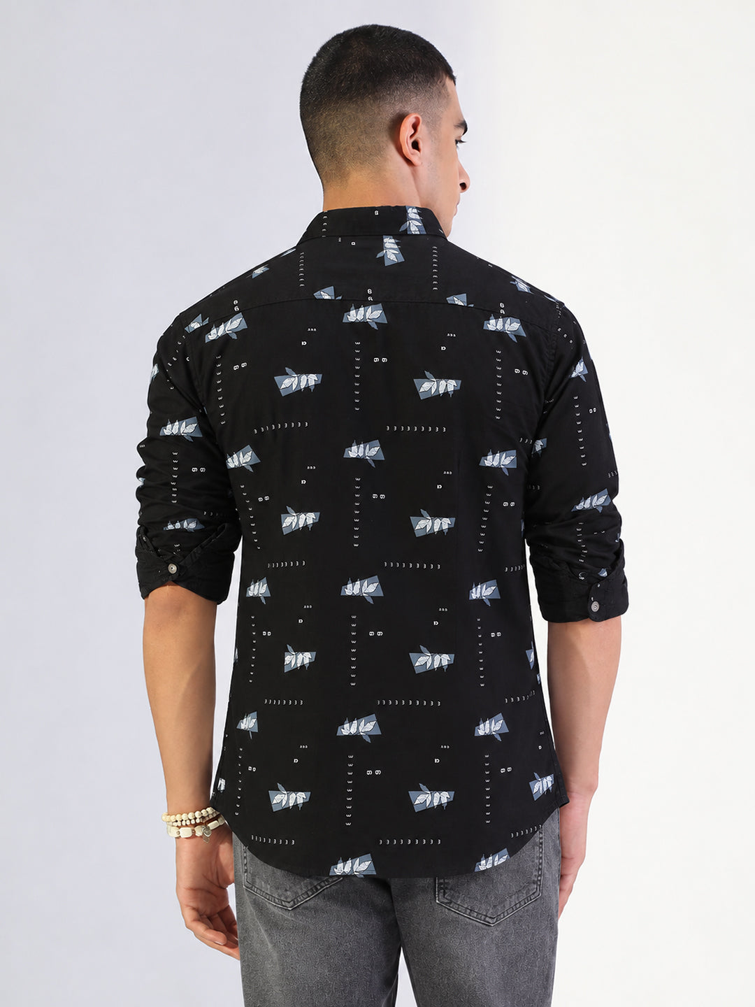 Men’s Printed Black Slim Fit Long Sleeves Shirt with Chest Pocket