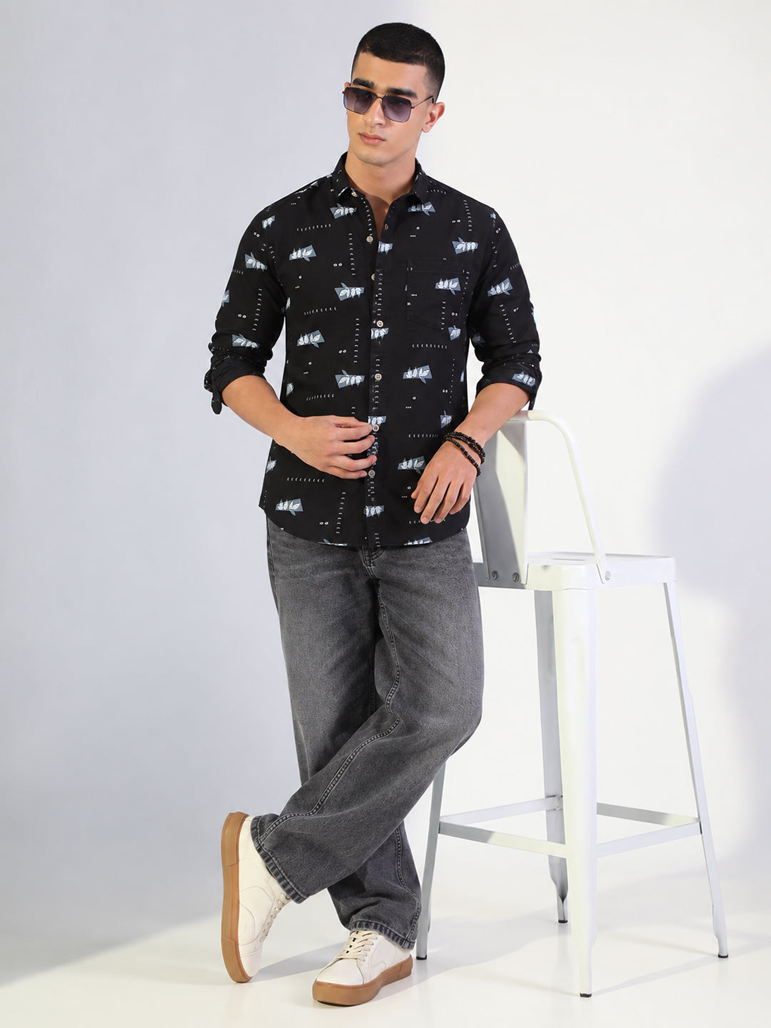 Men’s Printed Black Slim Fit Long Sleeves Shirt with Chest Pocket