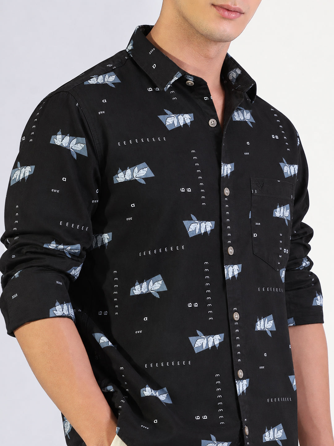 Men’s Printed Black Slim Fit Long Sleeves Shirt with Chest Pocket