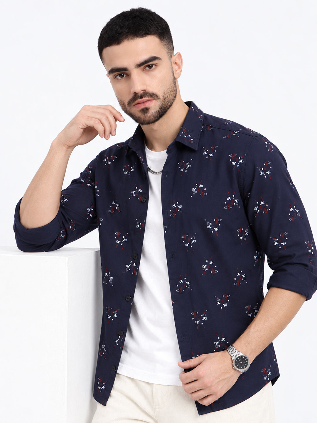 Men’s Geometric Printed Navy Blue Slim Fit Long Sleeves Shirt