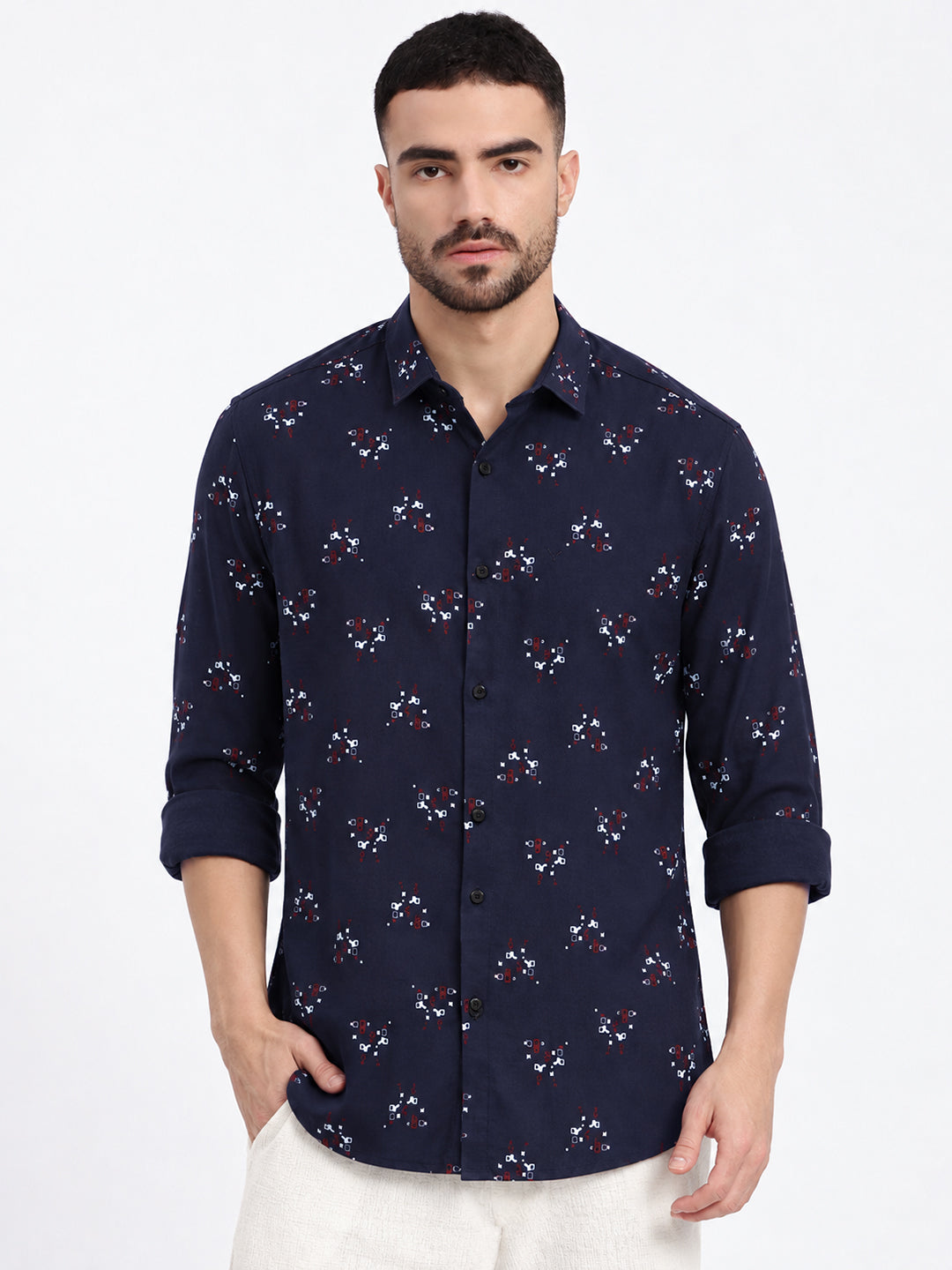 Men’s Geometric Printed Navy Blue Slim Fit Long Sleeves Shirt