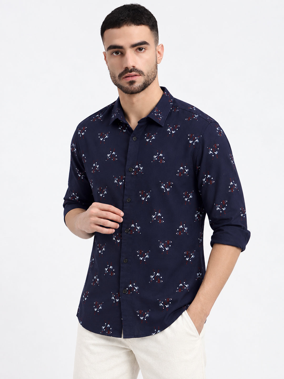Men’s Geometric Printed Navy Blue Slim Fit Long Sleeves Shirt