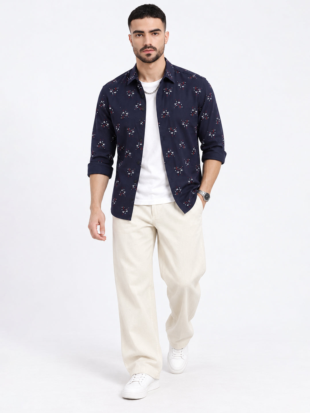 Men’s Geometric Printed Navy Blue Slim Fit Long Sleeves Shirt