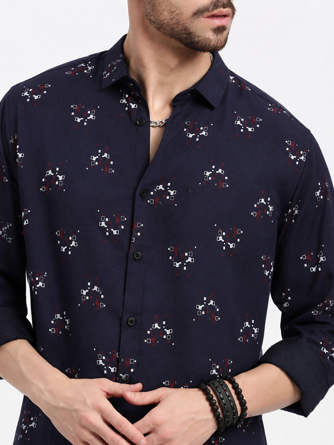 Men’s Geometric Printed Navy Blue Slim Fit Long Sleeves Shirt
