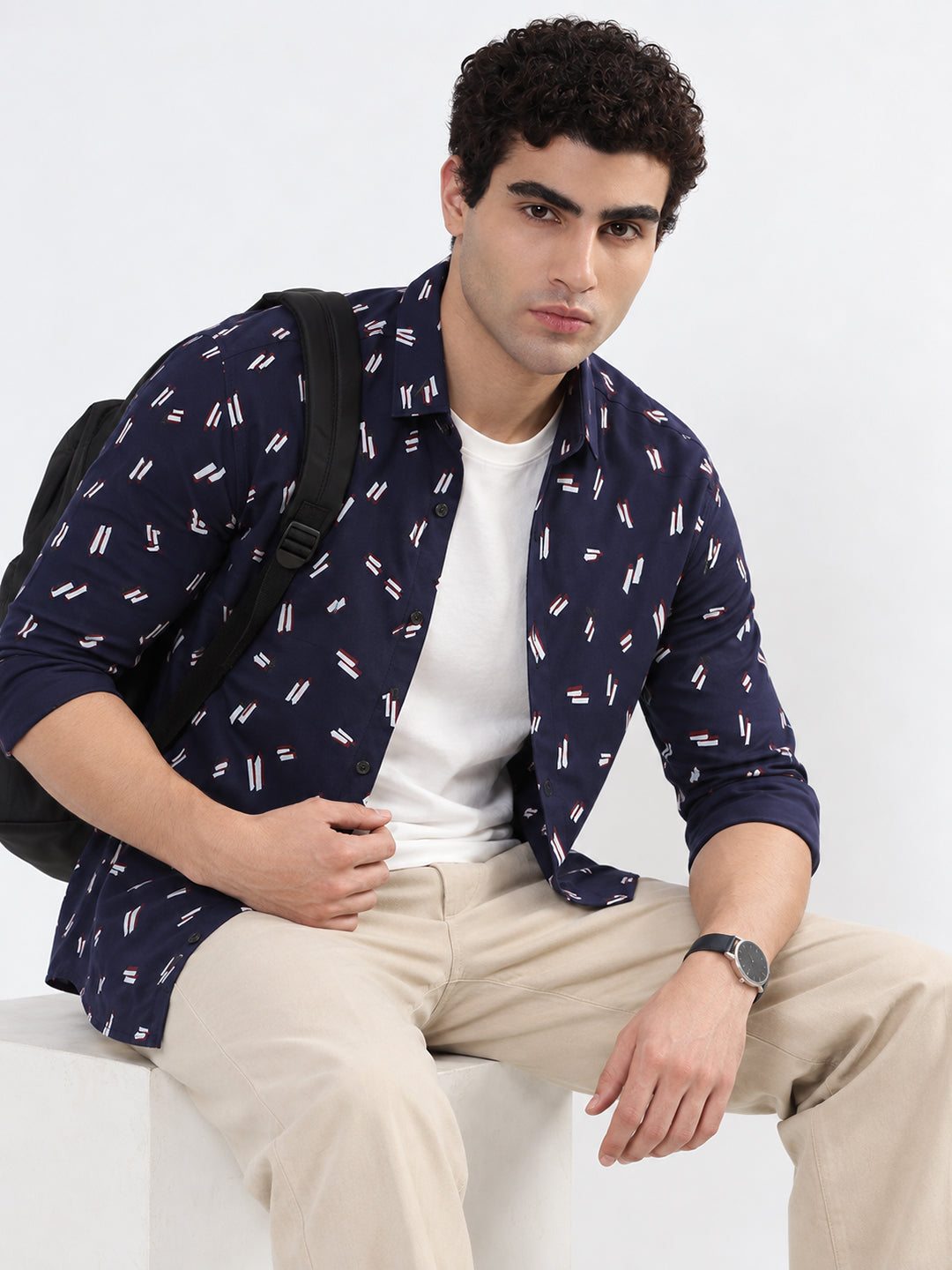 Men’s Graphic Printed Navy Blue Slim Fit Long Sleeves Casual Shirt