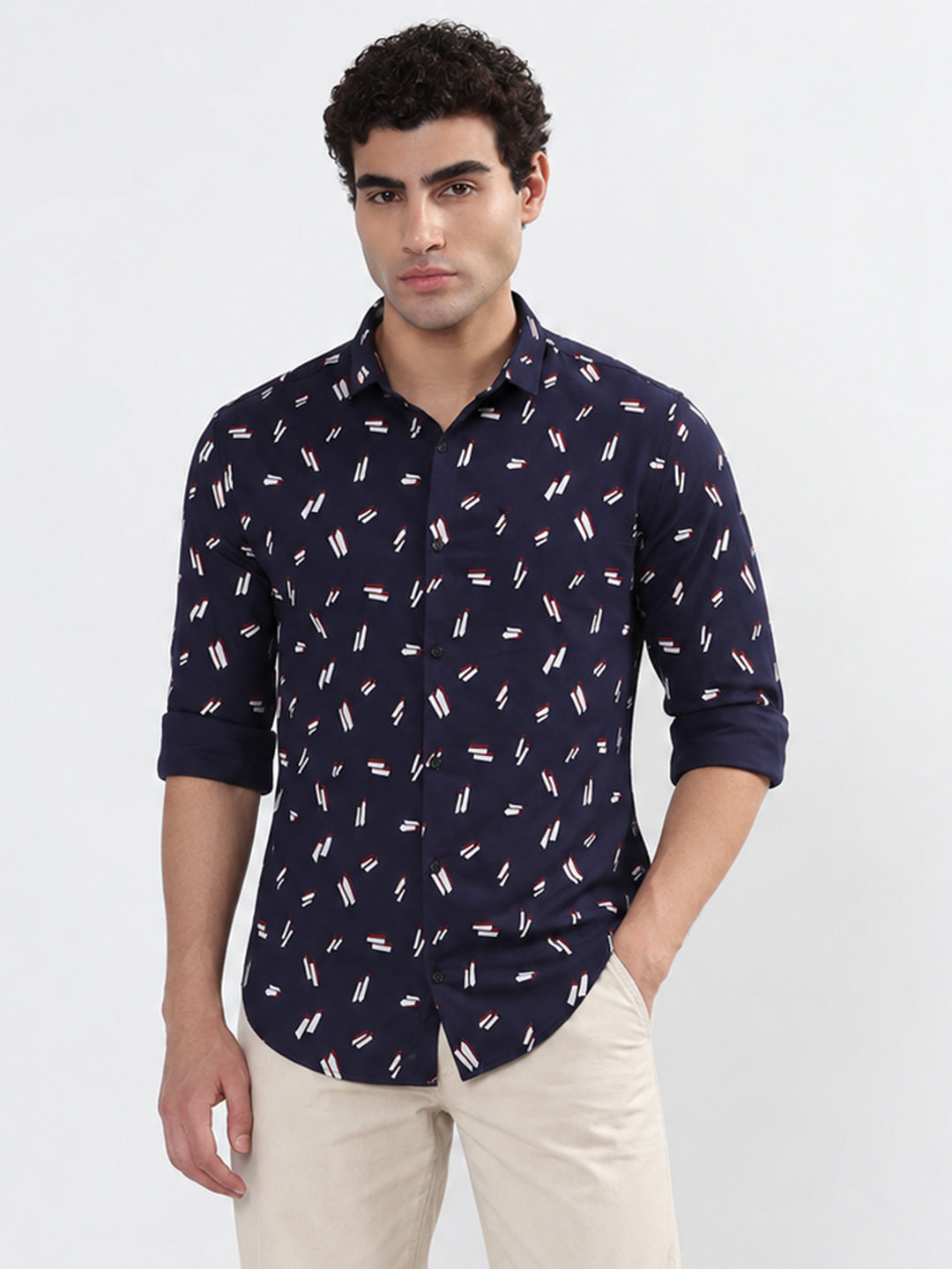 Men’s Graphic Printed Navy Blue Slim Fit Long Sleeves Casual Shirt