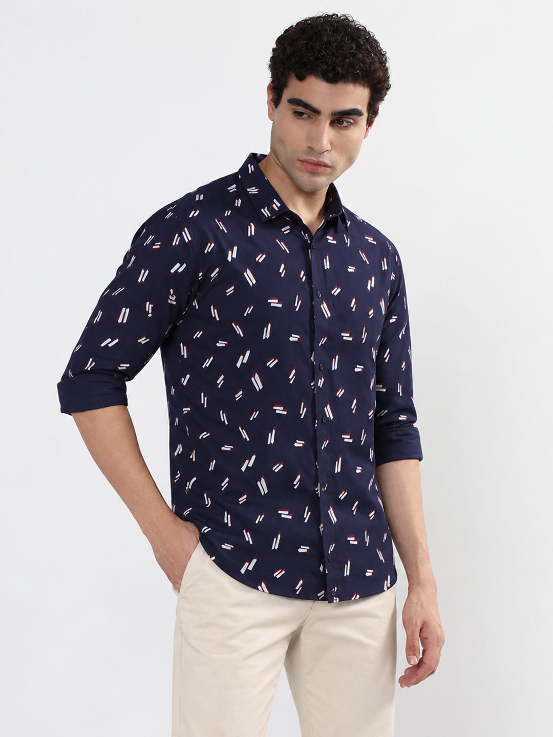 Men’s Graphic Printed Navy Blue Slim Fit Long Sleeves Casual Shirt