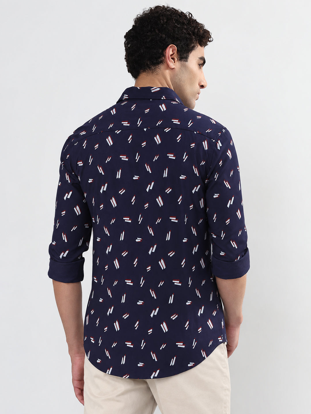 Men’s Graphic Printed Navy Blue Slim Fit Long Sleeves Casual Shirt